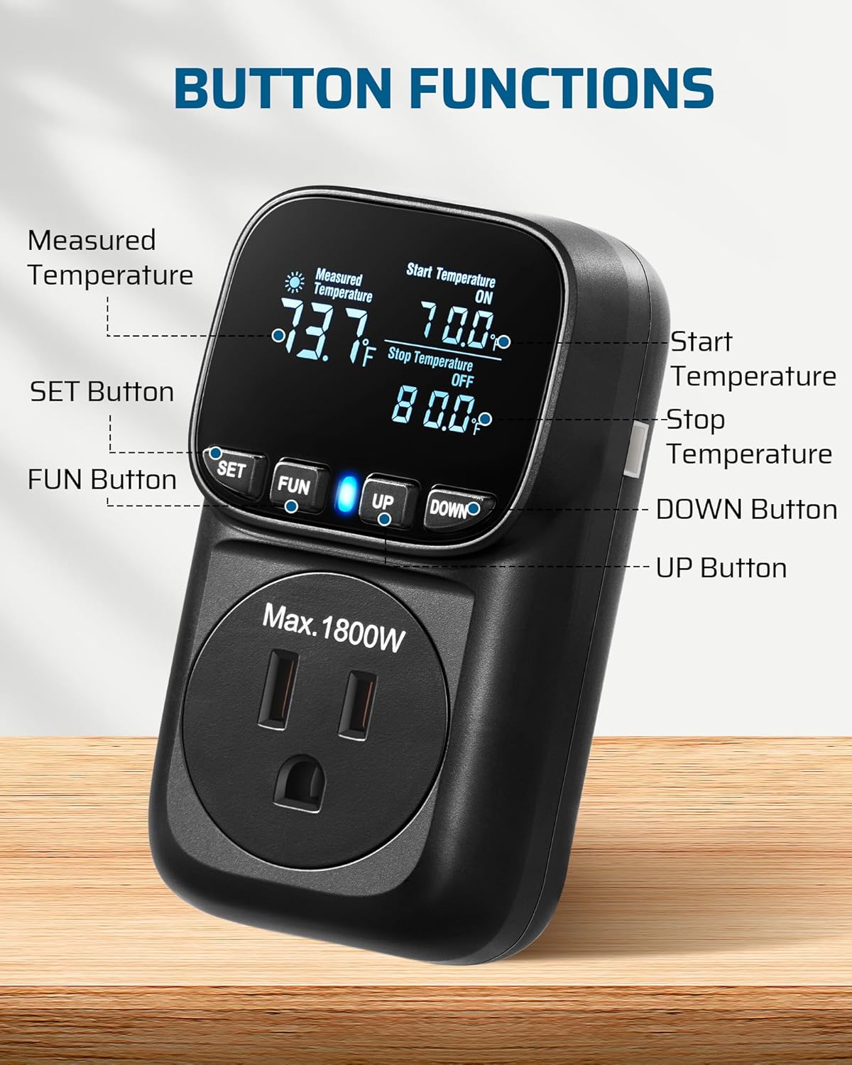 DEWENWILS Digital Temperature Controller, Heavy Duty 15A/1800W Thermostat Outlet Plug, VA Display Heating Cooling Control Timer, -40℉~210℉, Cyclic Timing/Countdown, for Greenhouse Incubator, Black