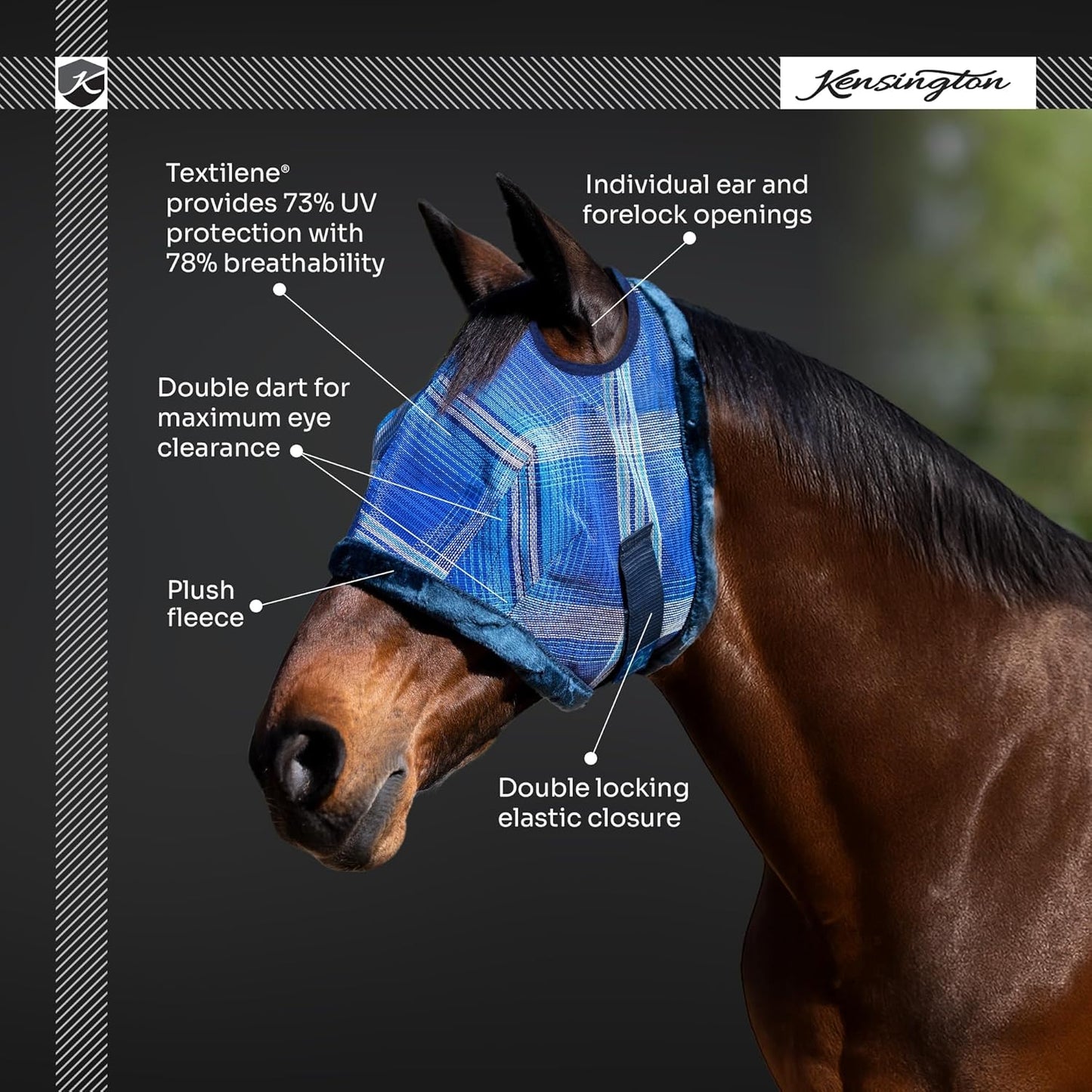 Kensington UV Fly Mask with Fleece Trim - Protective Mask with Dual Ear Opening & Forelock Freedom - XLarge, Atlantis