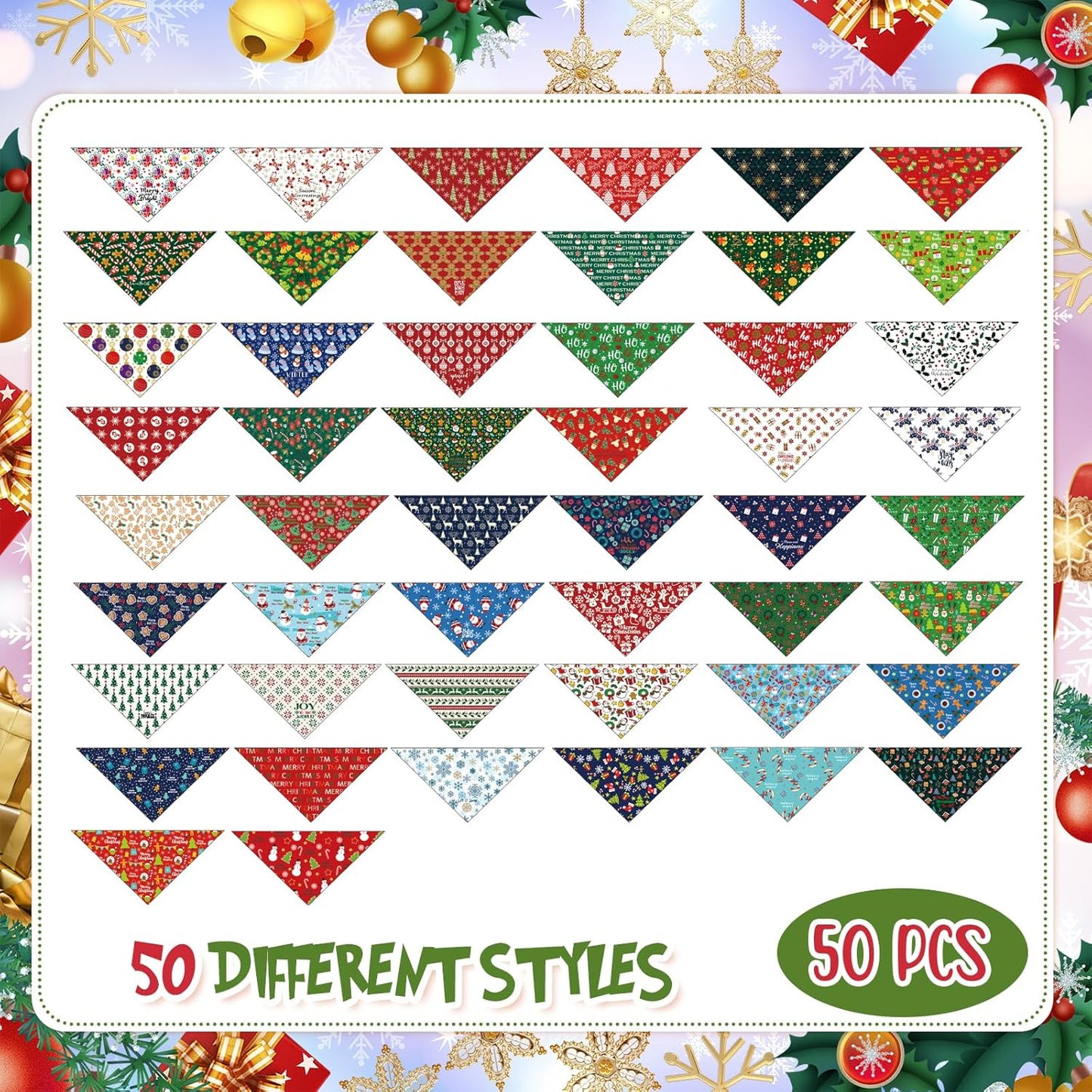 Abbylike 50 Pcs Christmas Dog Bandanas Bulk Pet Scarfs Triangle Bibs Adjustable Washable Puppy Kerchief Seasonal Pet Costume Accessories Grooming Supplies for Small Medium Large Dogs Cats