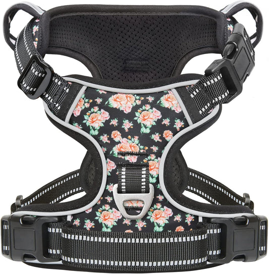 Timos Dog Harness, 3 Snap Buckles No-Pull Soft Padded Dog Vest with 2 Metal Leash Clips,Adjustable Reflective No Choke Pet Harness with Easy Control Handle for Small Dogs,Black Rose,S