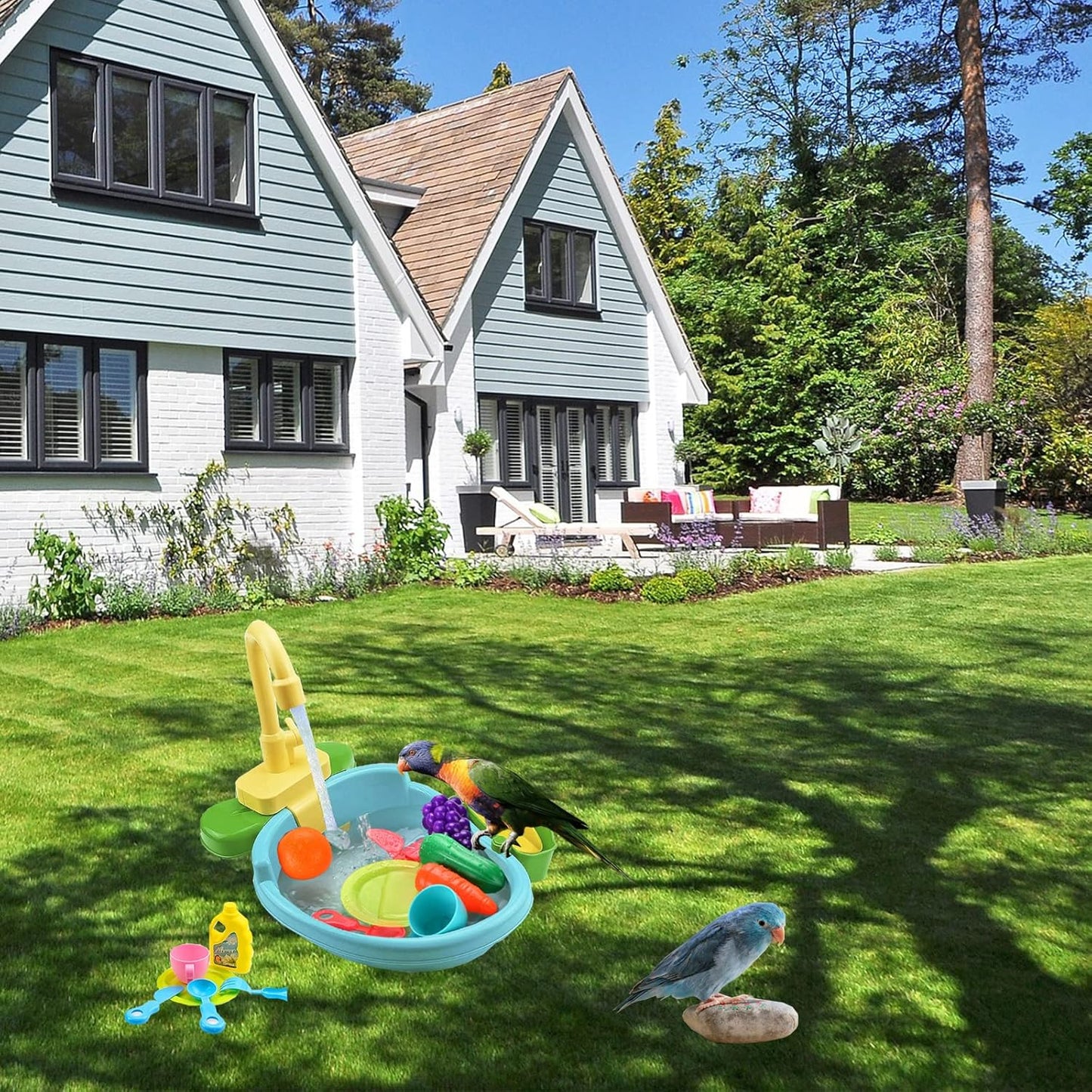 Parrot Shower, Parrot Bird Bathtub, Automatic Bird Bathtub Pet Bath Pool with Faucet, Bird Bathtub Swimming Pool Toy Bath Shower Water Dispense for Ferret, Goldfinch (Green)