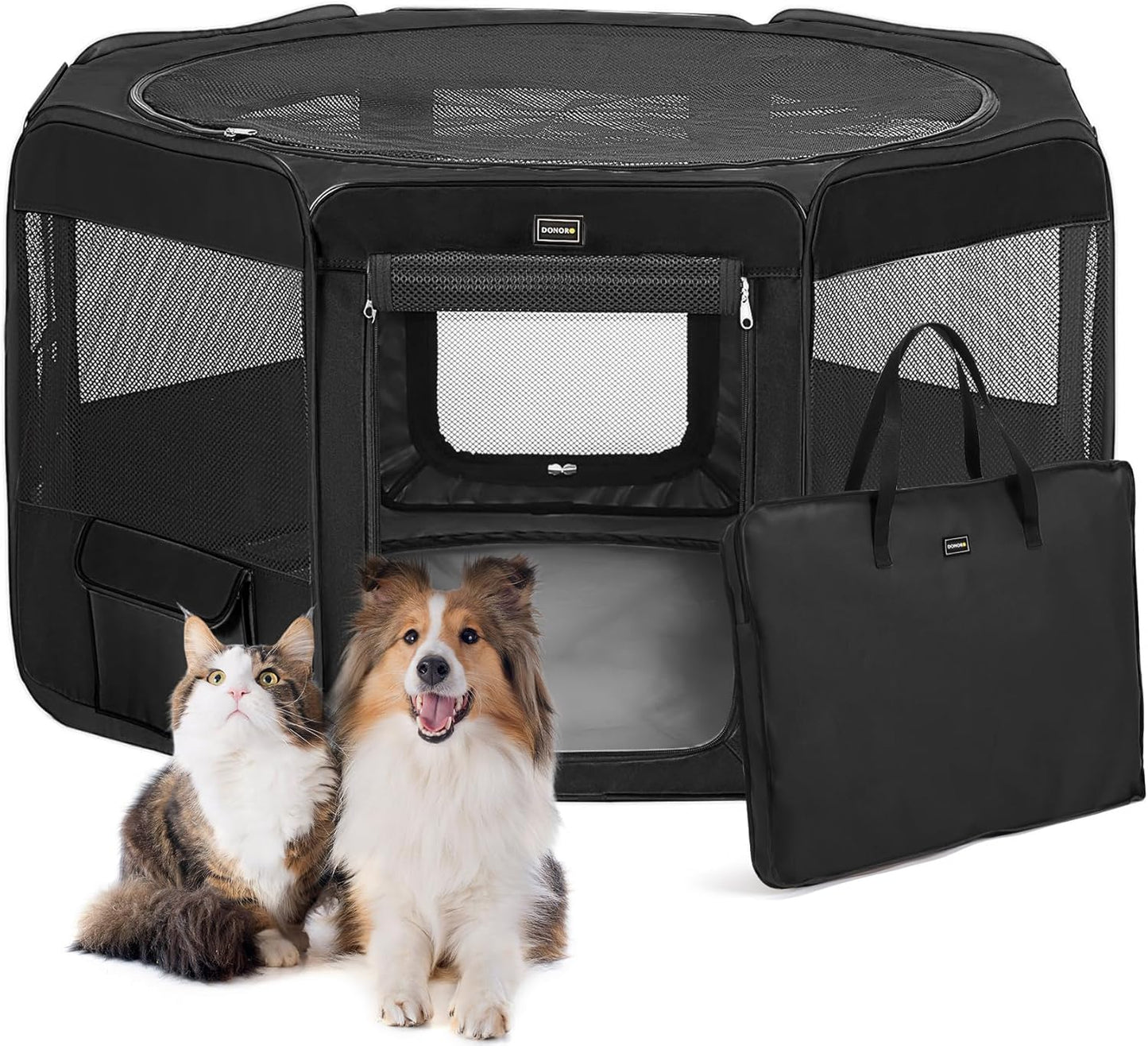 DONORO Dog Playpen Portable Pet Play Pens for Small Dog/Cat/Rabbit/Chicks, Cat Playpen Indoor/Outdoor with Carring Case, Removable Zipper Top and Bottom (Black, Large (46"x46"x23"), 8)