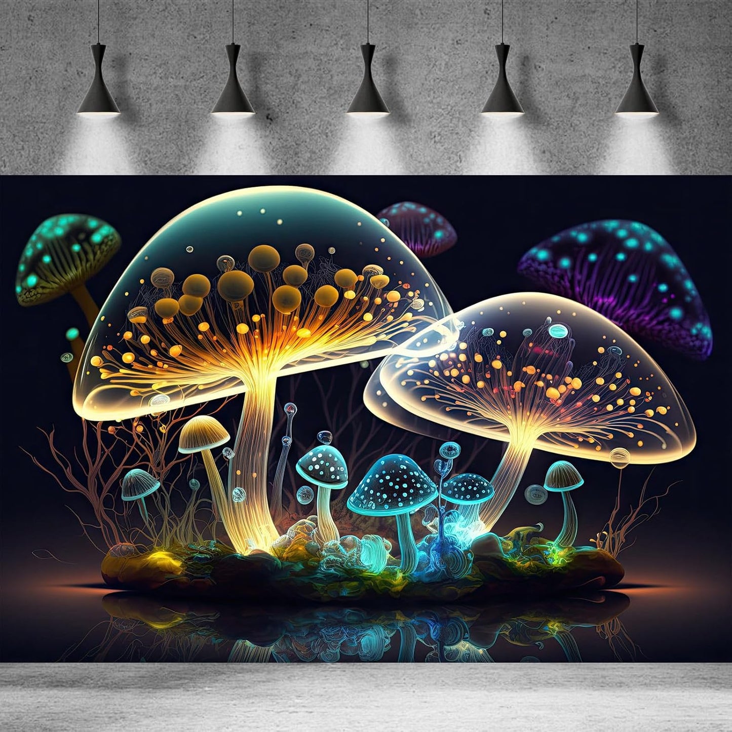 Mushroom Aquarium Background Abstract Glowing Fantasy Mushrooms Terrarium Background Mysterious Forest Magical Night In Circle Shape Crystal Glass Fish Tank Backdrop Decorations Vinyl 36x24in