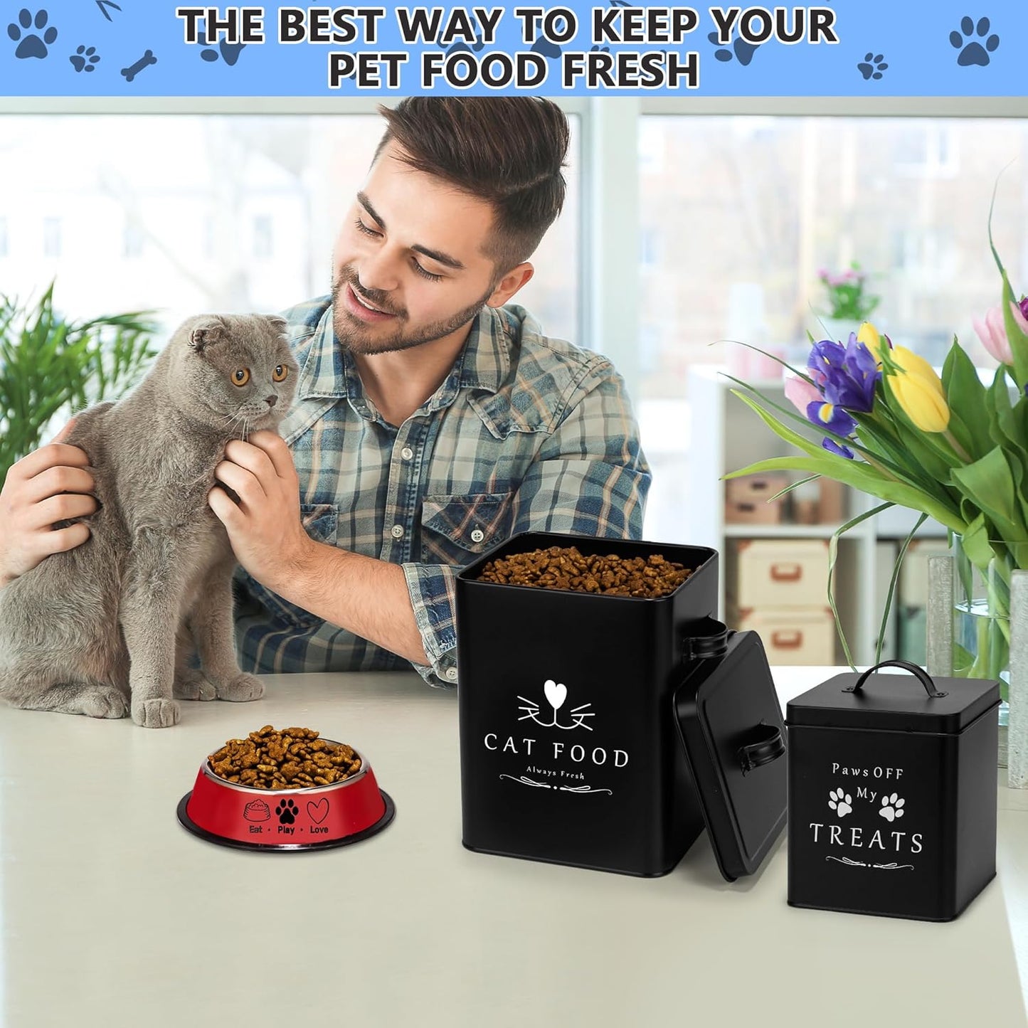 Meraki Home Farmhouse Cat Food and Treats Containers + Feed Scoop + Pet Food Bowl - Tight Lids - Large Metal Storage Bin - Great Gift for Cute Pets (Matte Black)