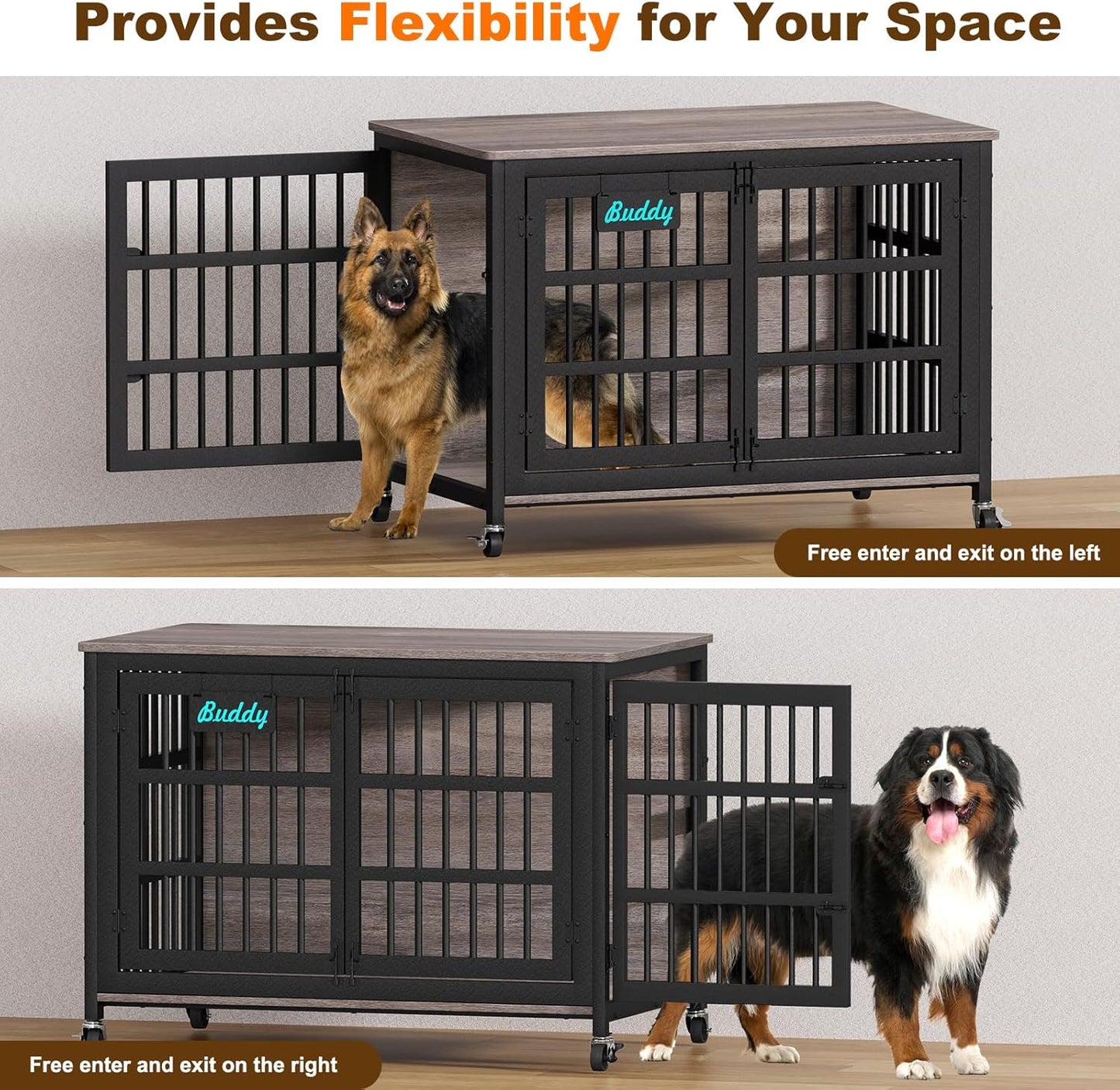EasyCom 48"/42"/33" XXL Dog Crate Furniture with Casters, Heavy Duty Dog Kennel Indoor for Large Dogs, Escape-Proof and Chew-Proof Dog Cage for high Anxiety Dog, Decorate House as TV Stand, End Table
