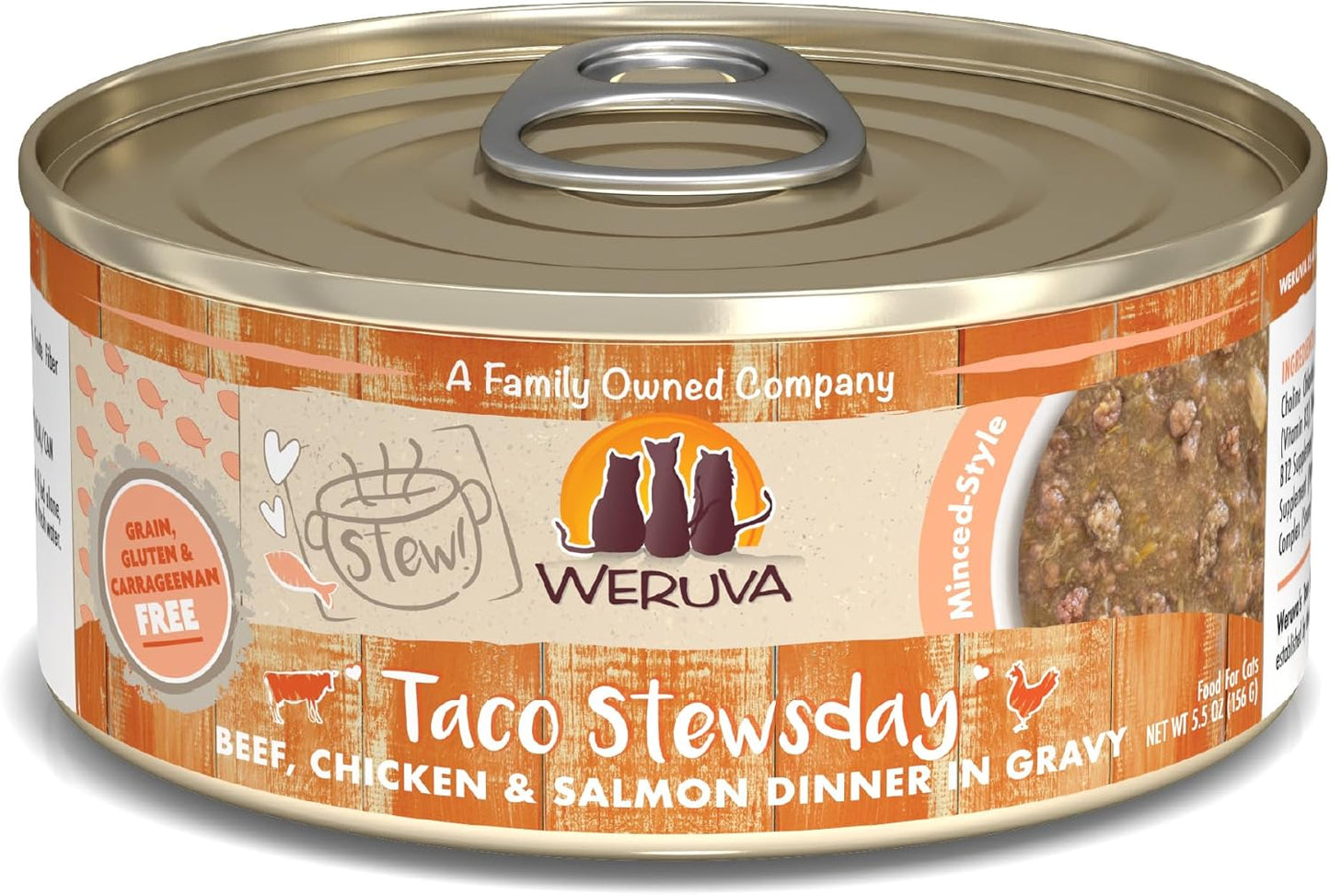 Weruva Classic Cat Stews!, Taco Stewsday with Beef, Chicken & Salmon in Gravy, 5.5oz Can (Pack of 8)