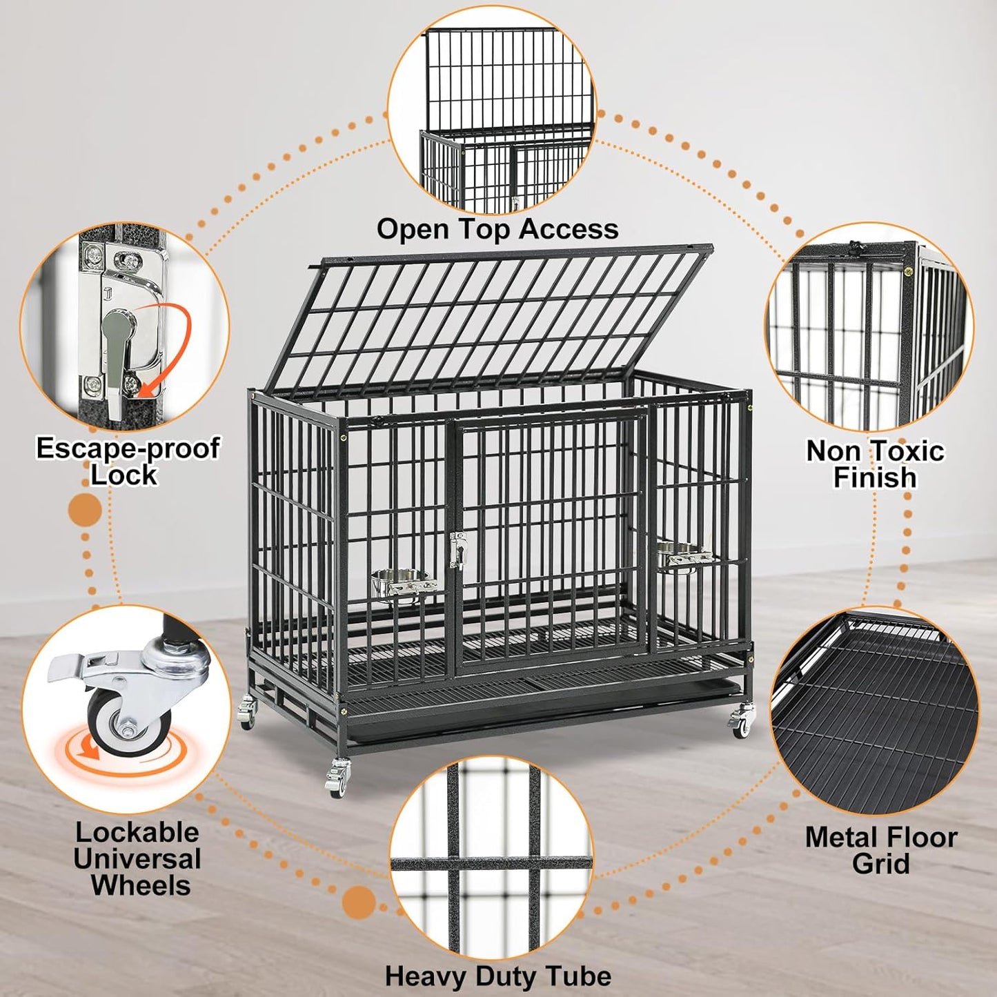 Homey Pet 37 Inch Heavy Duty Dog Crate for Medium Dogs, Stackable Dog Cage with Four Lockable Wheels, Removable Tray & Grid, Open Top, Escape Proof Dog Kennel Indoor