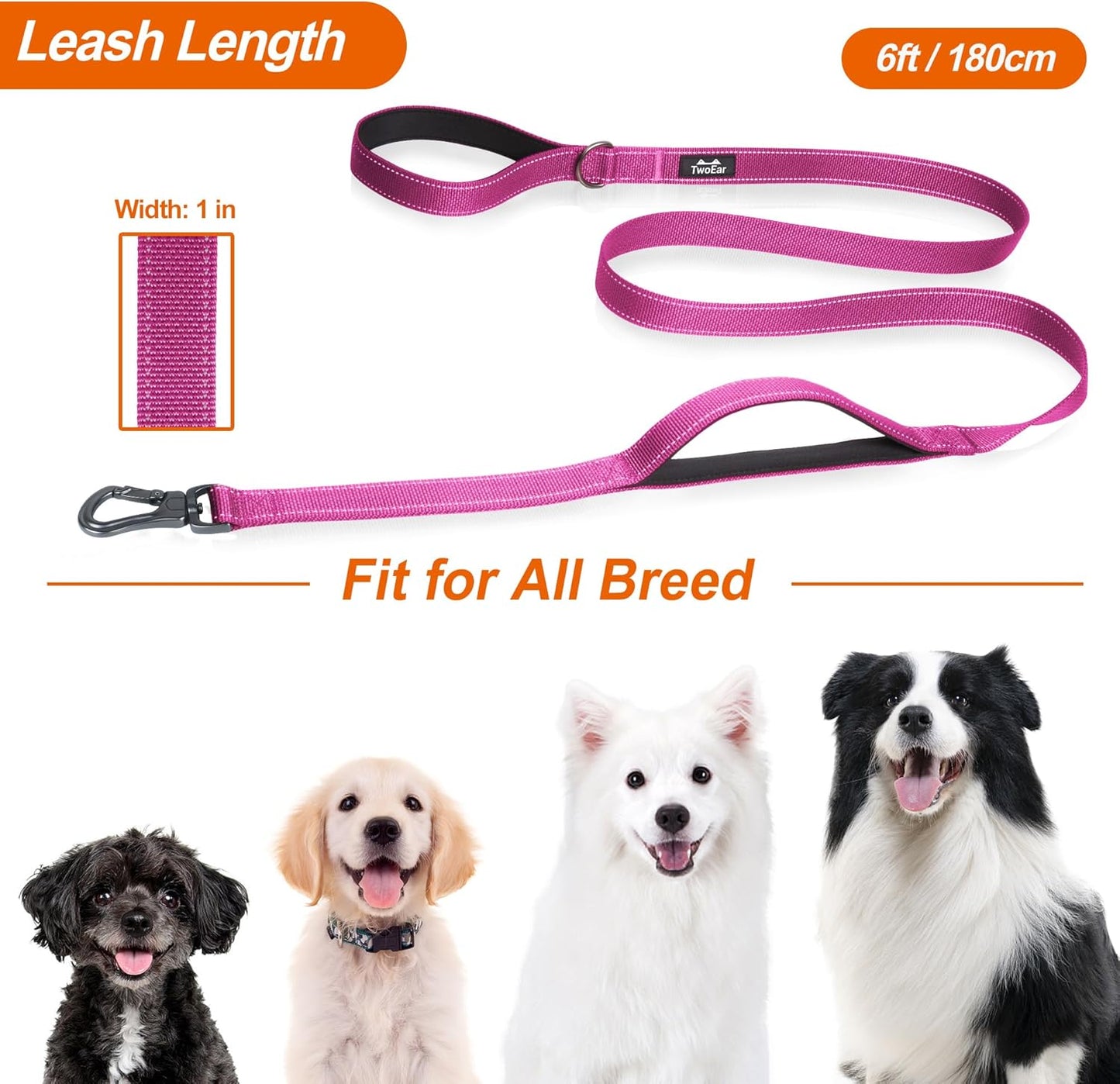 TwoEar 6FT 1IN Strong Rose Dog Leash with 2 Padded Handles, Traffic Handle Extra Control, Comfortable Soft Dual Handle, Auto Lock Hook, Reflective Walking Lead for Small Medium and Large Dogs
