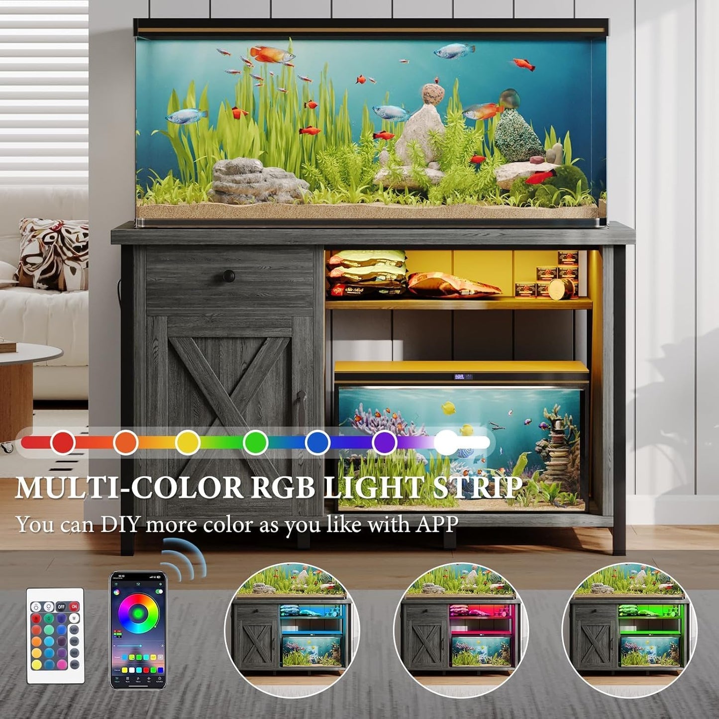 4ever2buy 55 Gallon Fish Tank Stand with LED Light & Power Outlets, 55-75 Gallon Aquarium Stand with Drawer & Barn Door, Cabinet for Fish Tank Accessories Storage for Reptile Tank, Turtle Tank, Gray