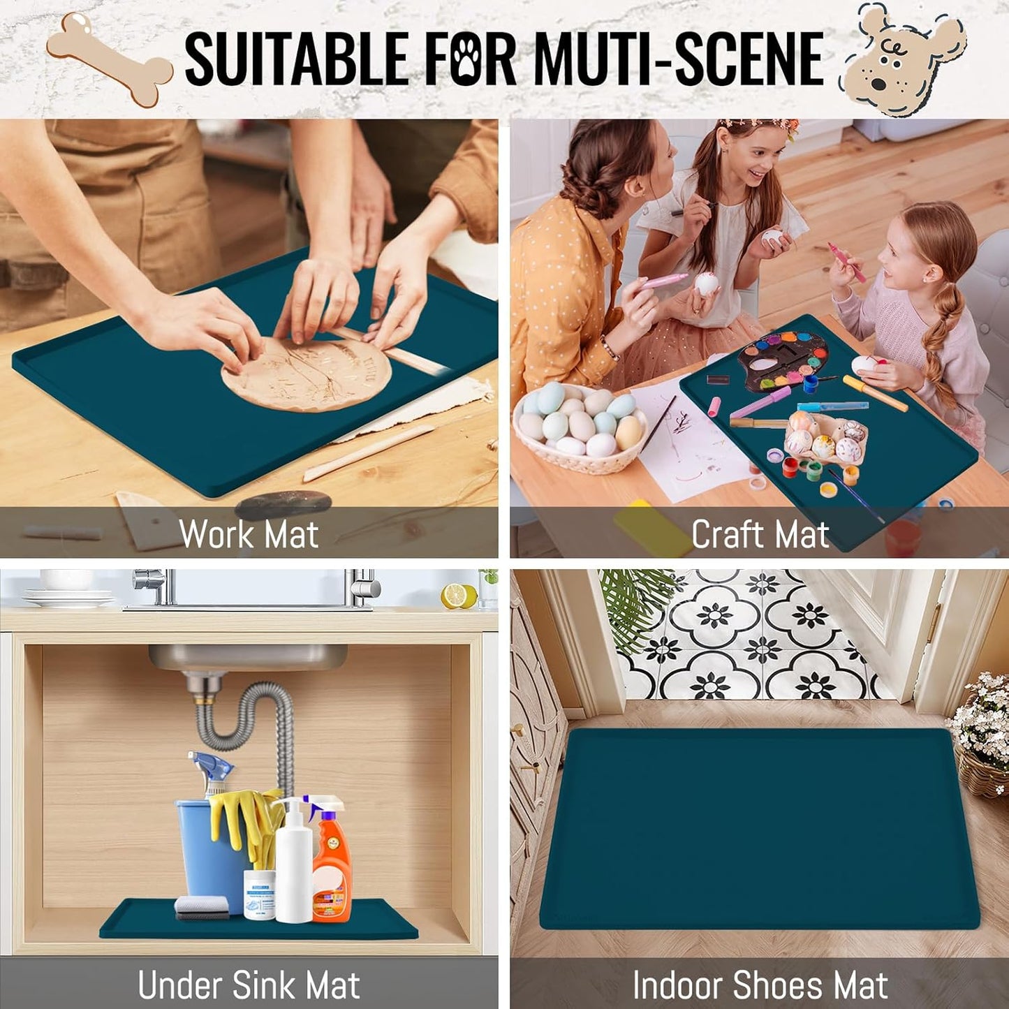 MateeyLife Dog & Cat Food Water Mat for Floors Waterproof, Nonslip Pets Bowl Feeding Mats with Raised Edges, Silicone Matt Tray for Messy Drinkers, 18"x12", Navy