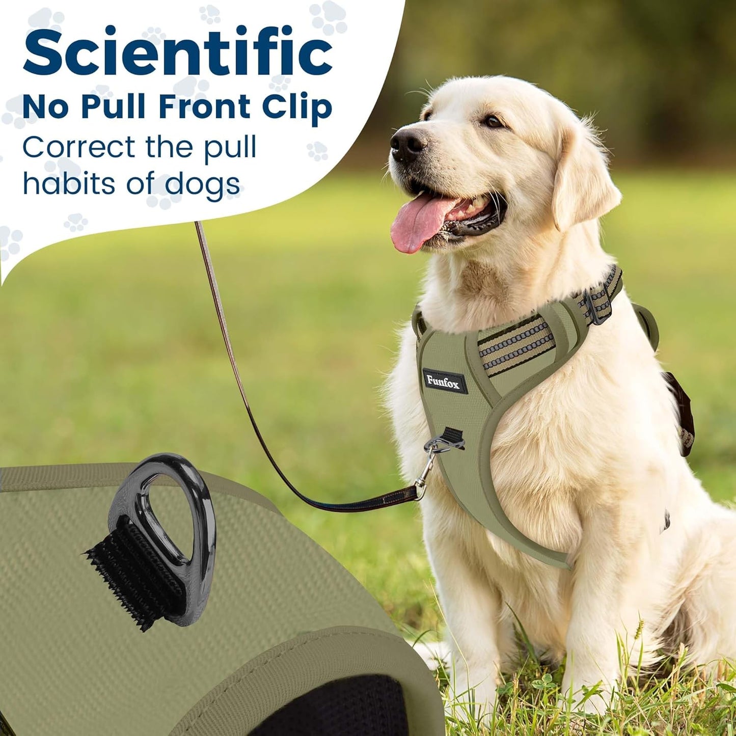 Funfox Dog Harness No Pull, Adjustable Pet Vest Harness, Super Soft Material with Vertical Handle Easy Control, Reflective Night Walking, 2 Leash Clips for Large Dogs, Army Green, L