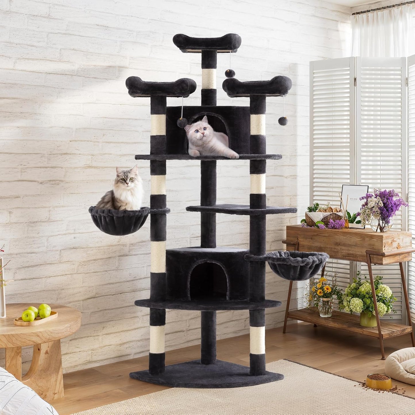SHA CERLIN 73in Fan-Shaped Corner Cat Tower for Save Space/Multi-Level Tall Cat Tree for Indoor Kitties/Condo with Baskets/Cozy Perches/Sisal Scratching Posts/Pet Activity House/Dark Grey