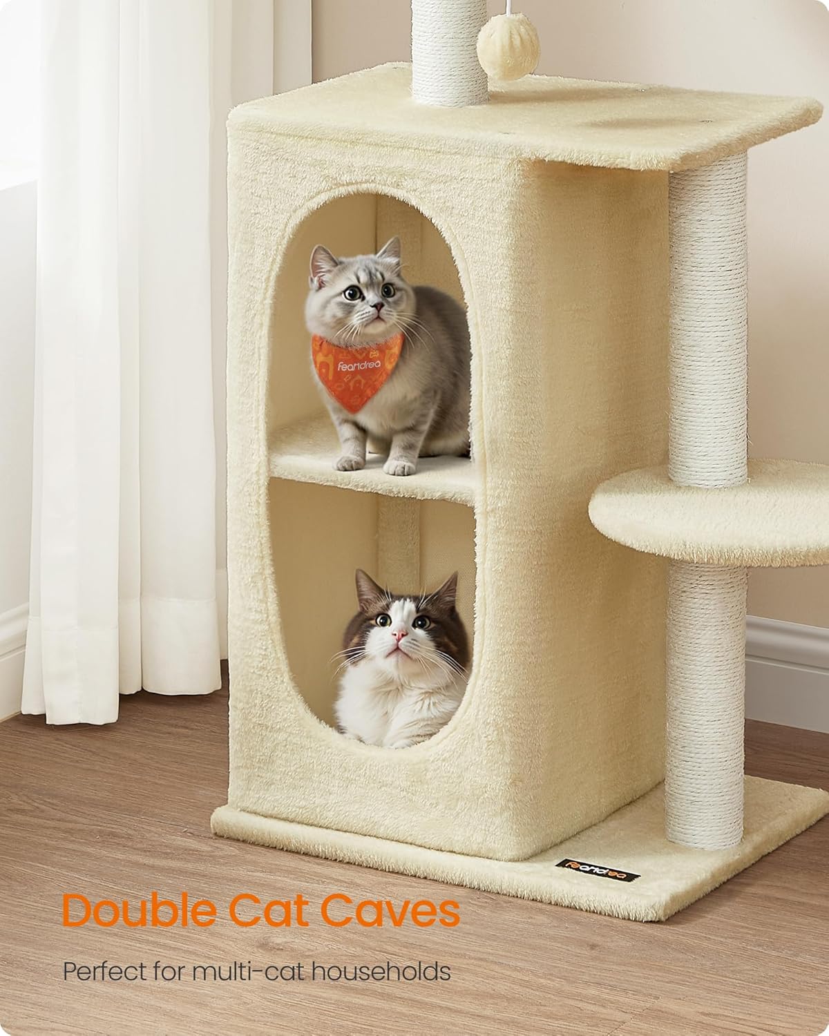 Feandrea Cat Tree Tower with 2 Caves for Multi-Cat Households, Kittens, Scratching Posts, Sand Beige UPCT005Y01
