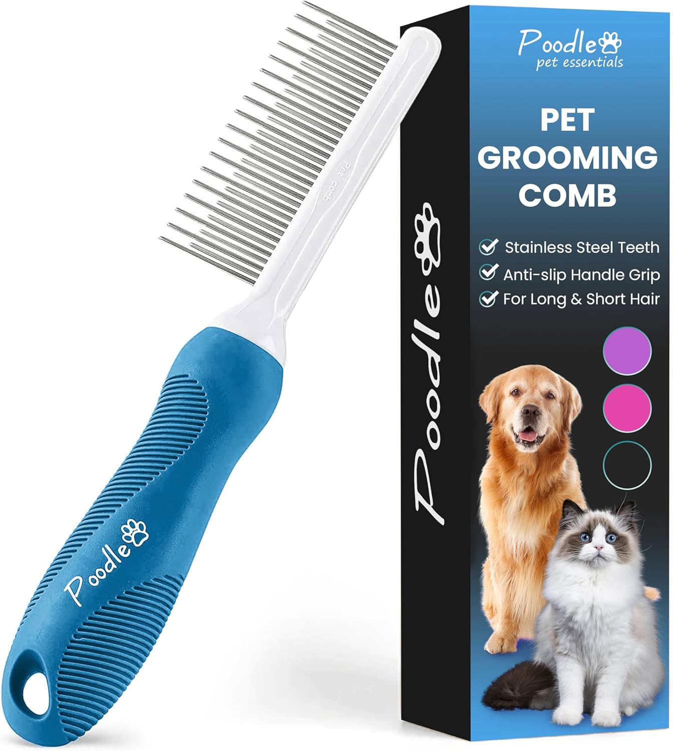 Poodle Grooming Comb - Metal Dematting Comb with Long & Short Stainless Steel Teeth for Removing Matted Hair & Knots, Safe and Gentle for Dogs & Cats