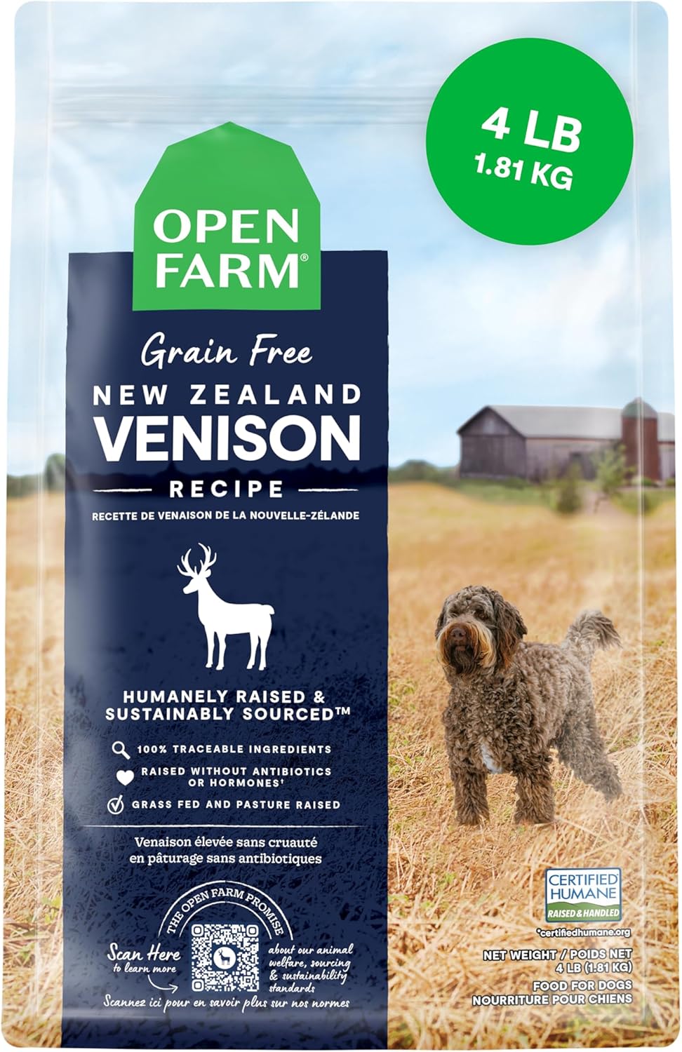 Open Farm, Grain-Free Dry Dog Food, Complete & Balanced Kibble, Sustainably & Ethically Sourced Ingredients, Non-GMO Veggies & Superfoods Support Overall Health, New Zealand Venison Recipe, 4lb Bag