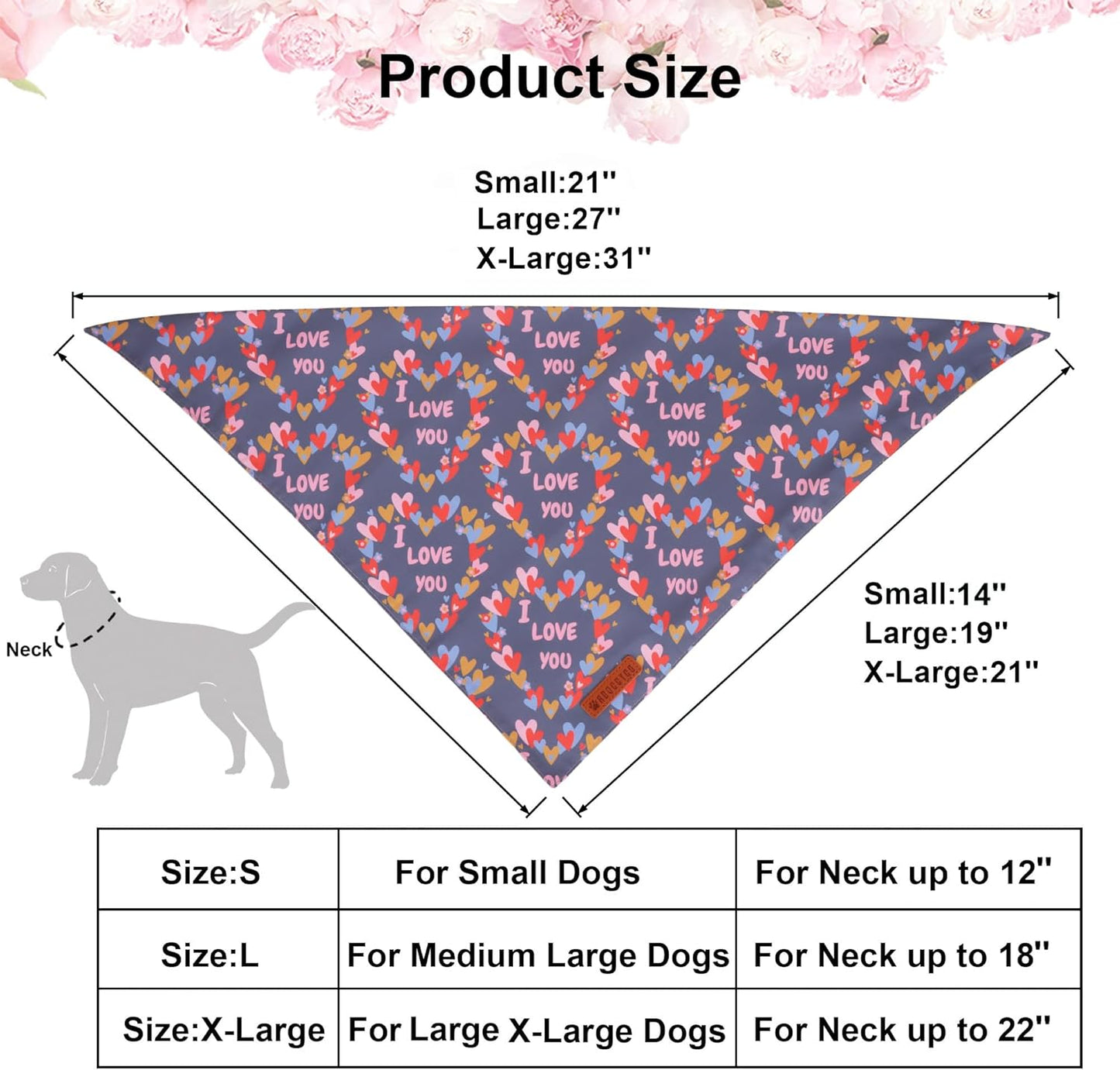 ADOGGYGO Valentine Dog Bandanas, Heart Love Floral Pet Scarf, Multi Size Offered, Pink Blue Pet Valentine Bandana for Large and Extra Large Dogs (X-Large)