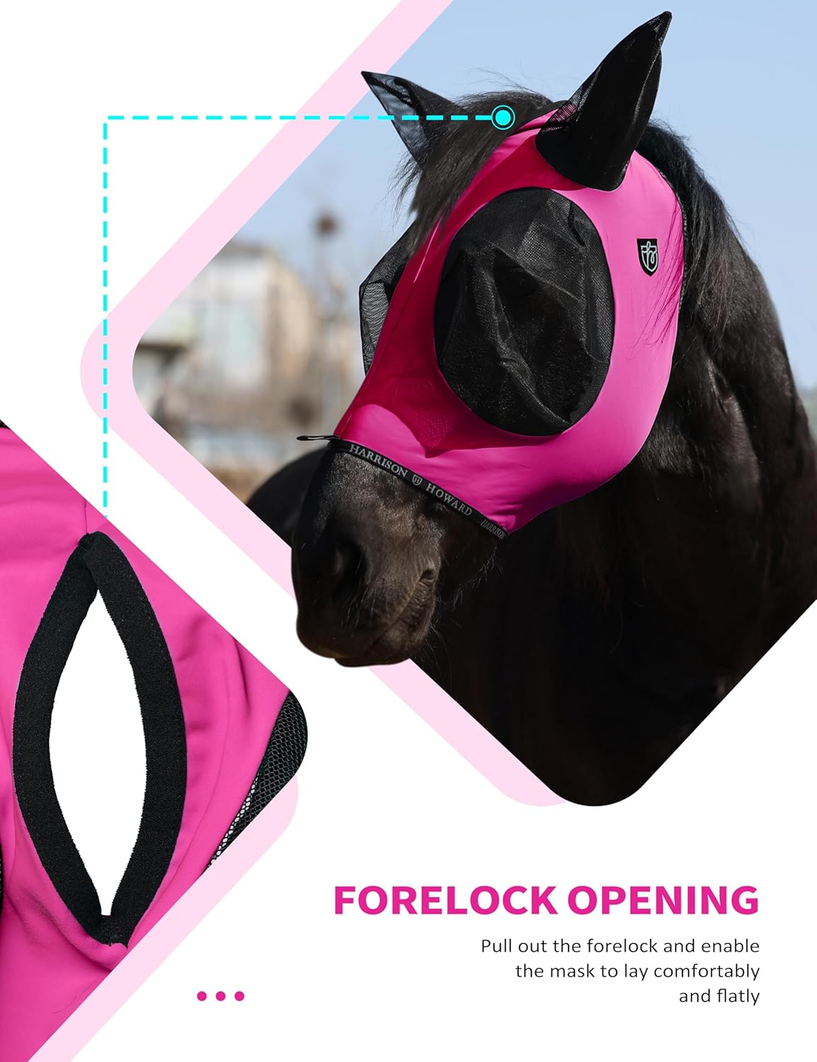 Harrison Howard Horse Fly Mask with Forelock Opening Stretch Breathable and Comfortable for Horses UV -Protection Fuchsia M
