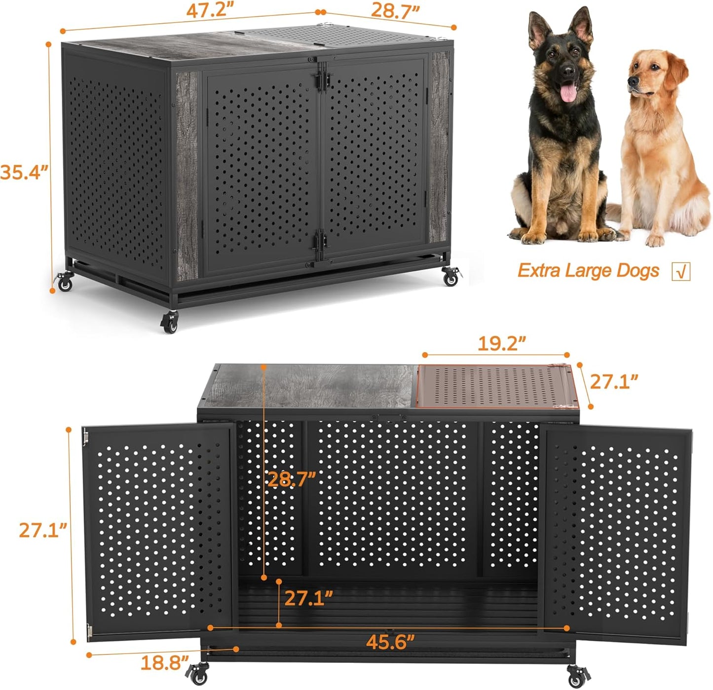 48" Heavy Duty Dog Crate Furniture for Extra Large Dogs, Enclosed Design with 0.5 inch Holes, Indestructible Metal Kennel for High Anxiety Dogs, Chew Proof Pet House Cage Indoor, Gray
