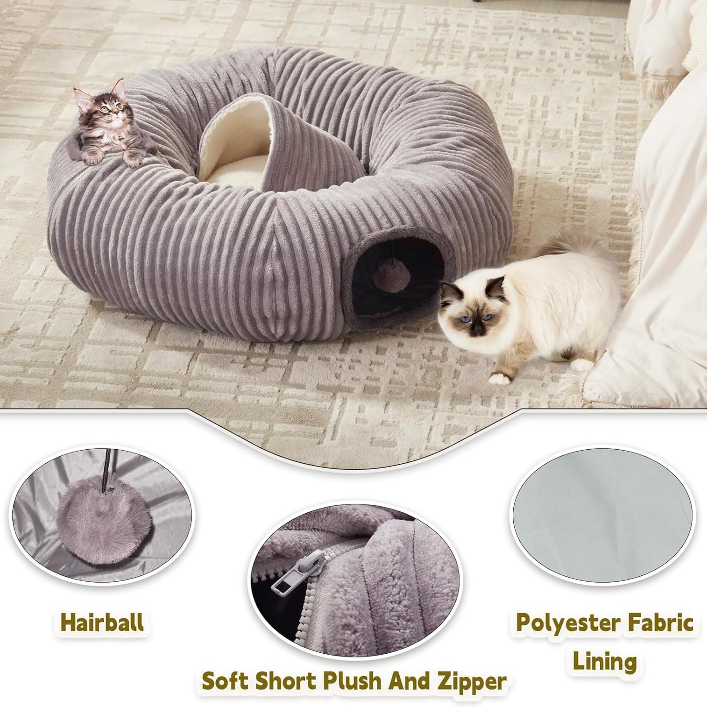 Large Cat Tunnel Bed for Indoor Cats,Cat Donut Tunnel Toy with Washable Circle Cushion,Blackout Tent, Multifunctional Playground Toys Hideplace for Kitty, Kitten, Rabbit,Ferret