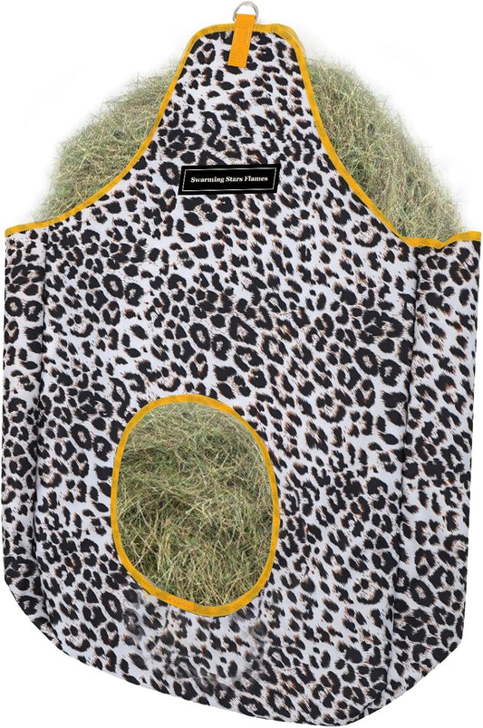 Horse Hay Bag Durable Oxford Fabric, Large Capacity Feeding Bag with Metal Snap Fastener, Slow Feeding Hay Sack, Ideal for Horse Cow Goats Donkey Perfect Hay Feeder with Open Feed Hole (Animal Print)
