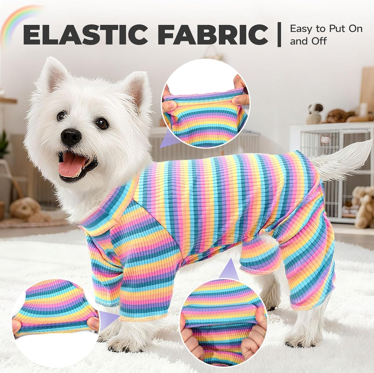 BAEJMJK Striped Dog Pajamas Stretchy Cute Four-Legged Boy Girl Dog Clothes with Sleeves Comfortable Dogs Jumpsuit Colorful Pet Puppy Outfits Apparel for Small Medium Dogs Cats(Pink,Pink,Large)