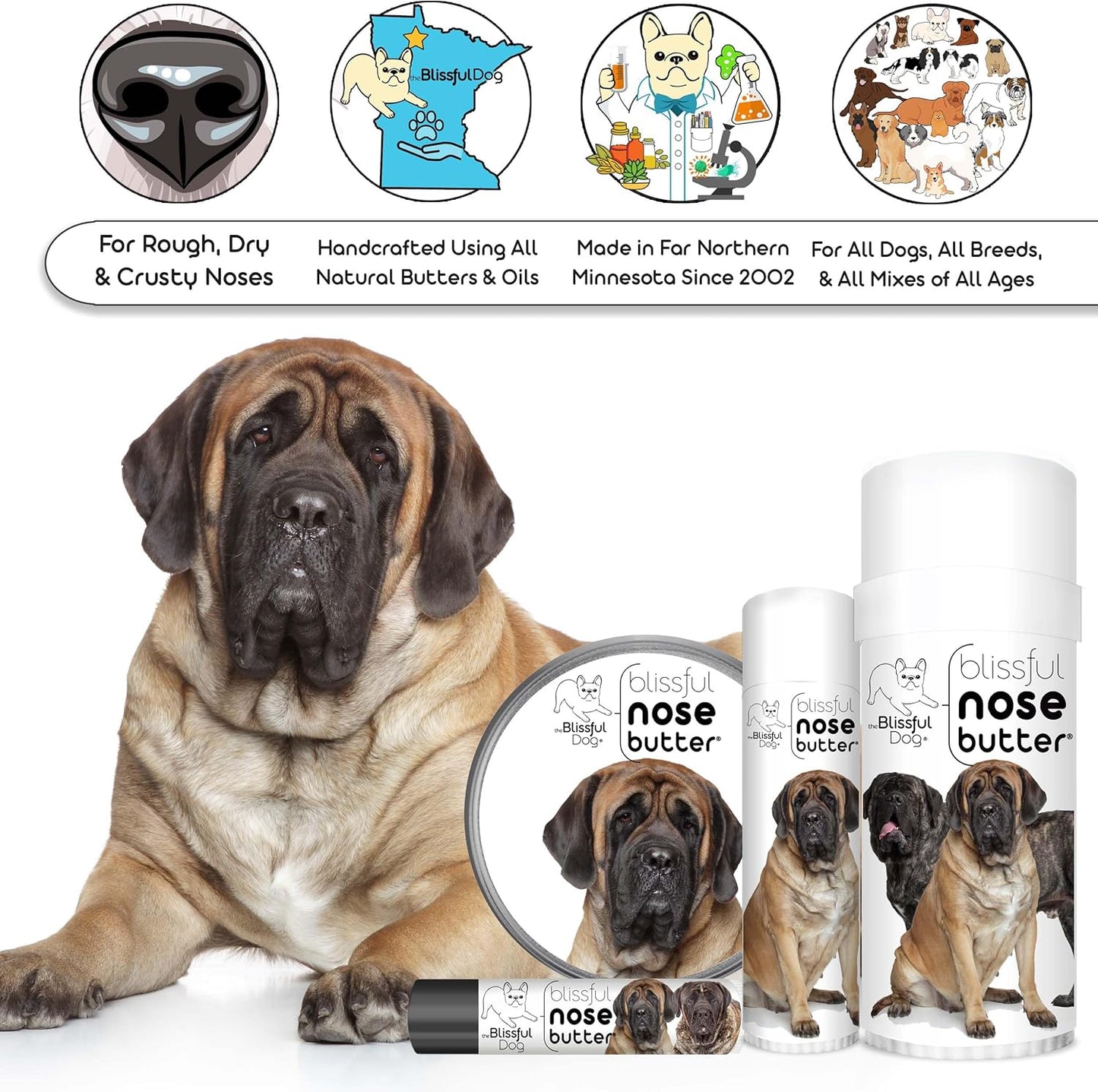 The Blissful Dog Mastiff Nose Butter, Versatile Dog Nose Balm for Dry Nose, Handcrafted Nose Moisturizer, Easy-to-Apply Dog Essentials, Unscented, 2 oz.