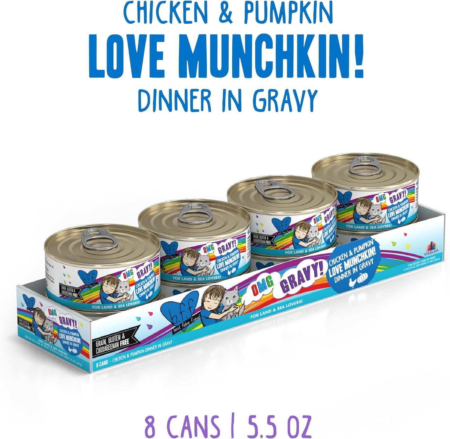 Weruva B.F.F. OMG - Best Feline Friend Oh My Gravy!, Love Munchkin! with Chicken & Pumpkin in Gravy Cat Food, 5.5oz Can (Pack of 8)