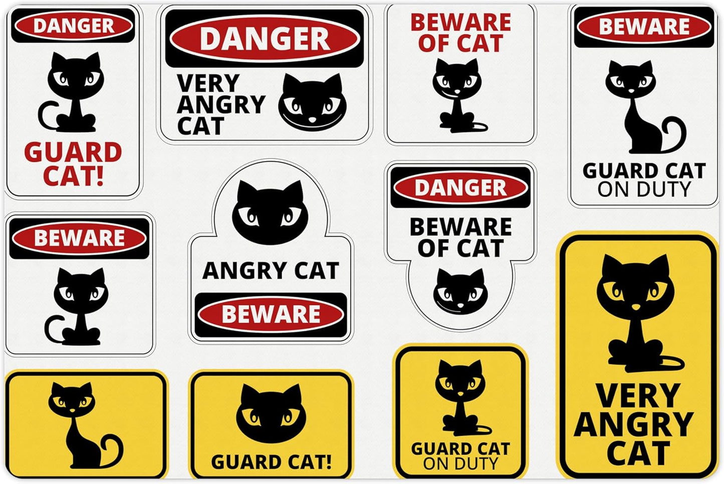 Lunarable Funny Pet Mat for Food and Water, Beware Guard Cat Signs Humorous Comic and Plates Warning Graphic, Non-Slip Rubber Mat for Dogs and Cats, 18" X 12", Yellow Red
