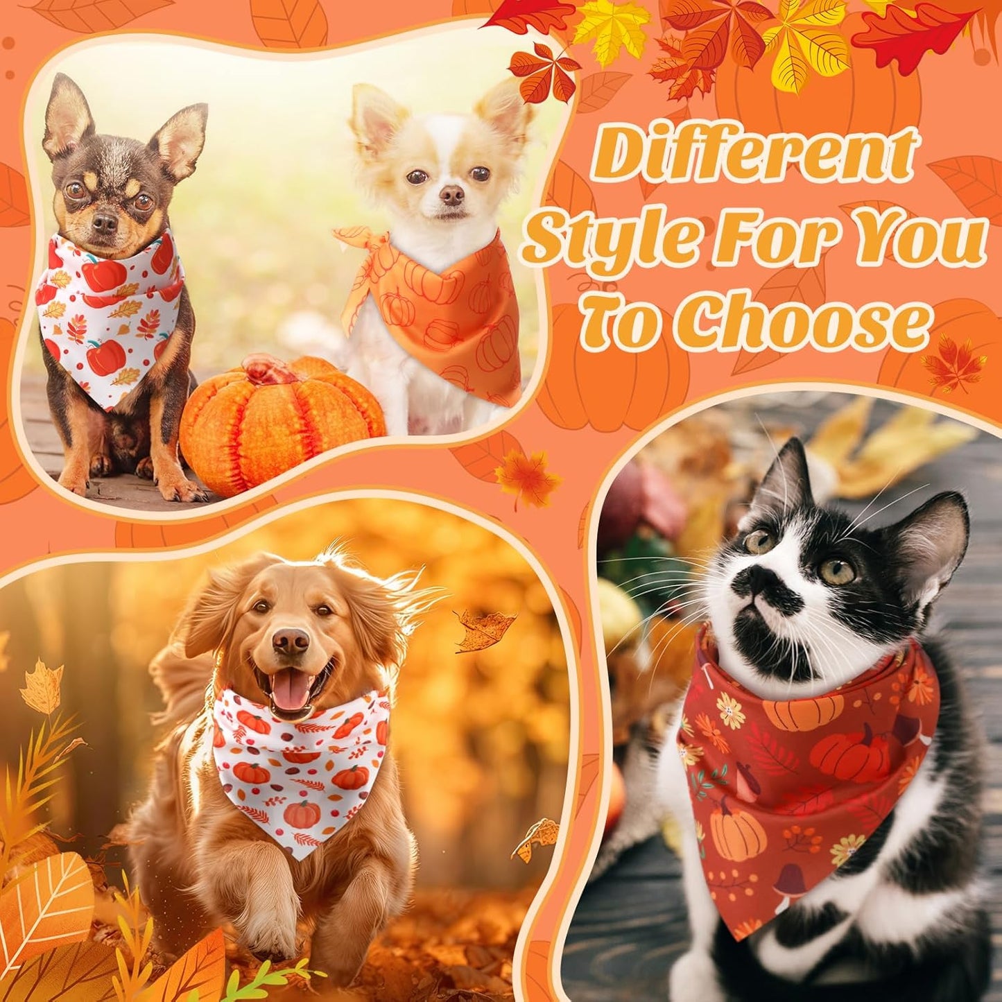 Abbylike 200 Pcs Fall Thanksgiving Dog Bandanas Bulk Pumpkin Bandanas for Dogs Pets Triangle Kerchief Bibs Scarf for Pets Autumn Costume Photo Props Accessories Pet Shops Adoption Events, 25 Styles