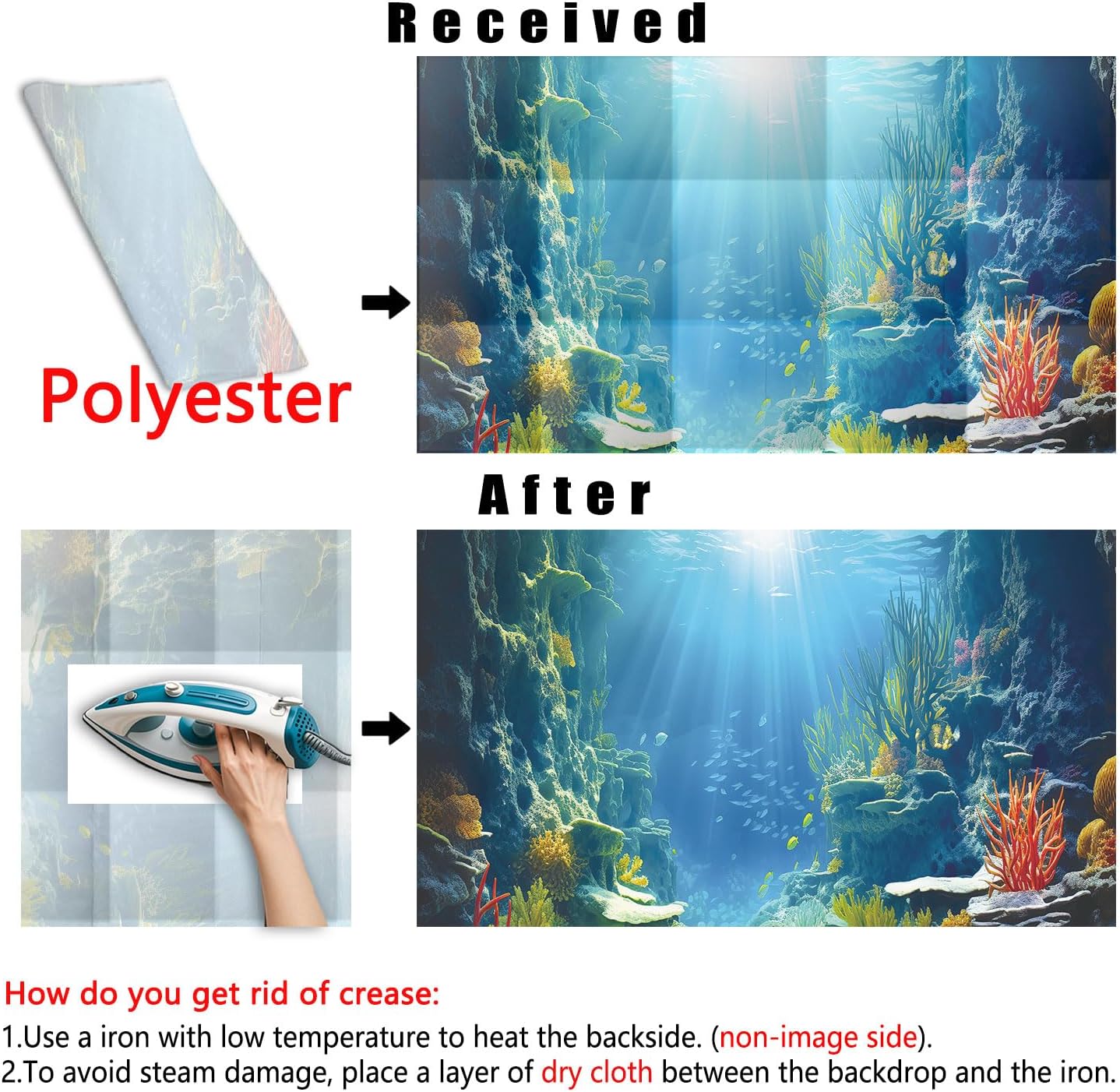 36X24IN Blue Sea Floor Aquarium Background, Natural Underwater World 3D Effect Fish Tank Decorations Background, Art Terrarium Background with 8 EVA Double-Sided Tape