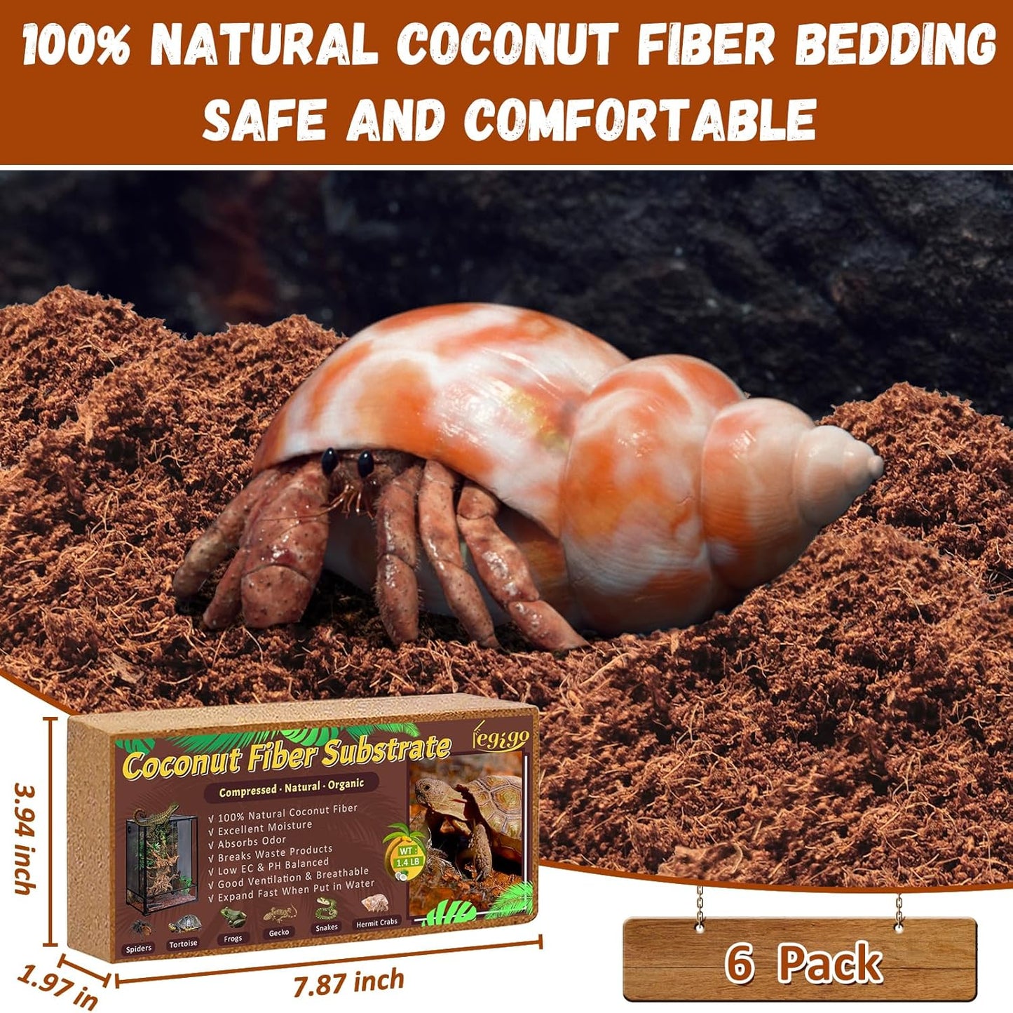 Legigo 6 Pack Compressed Coconut Fiber Substrate - 100% Organic Coconut Fiber Brick Bedding for Reptiles, Natural Coco Husk Substrate Terrarium Bedding for Snake, Hermit Crabs, Frogs, Tortoise, Gecko