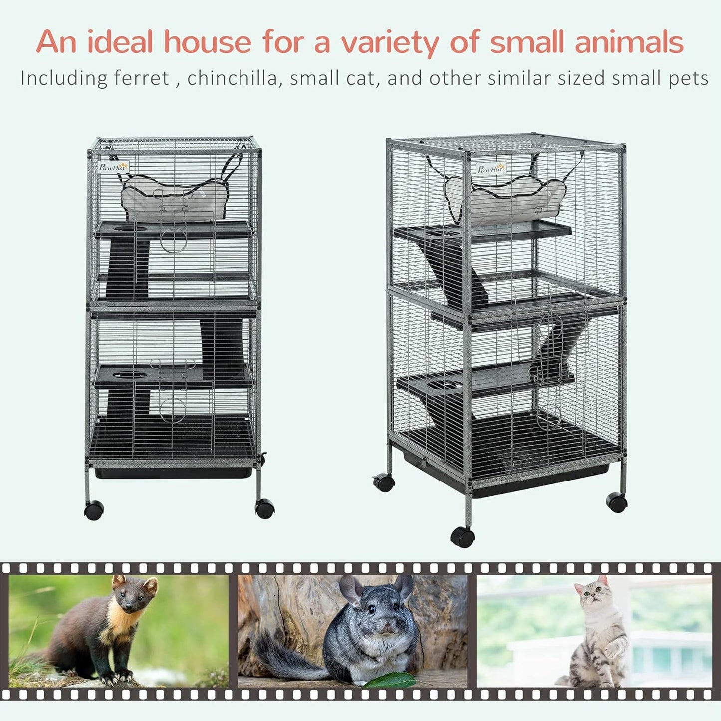PawHut Metal Small Animal Cage, 4-Tiers Rolling Big Ferret Cage with Hammock, Removable Tray, for Chinchilla, Sugar Glider, Gray