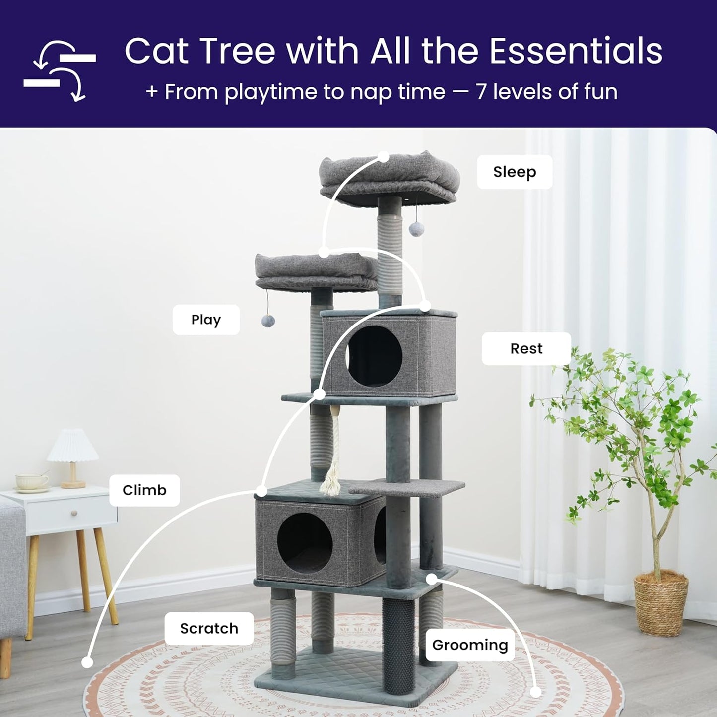 Catry® Stella 7-Level 67.5” Linen & Quilted Velvet Cat Tree with Recycled Paper Scratchers, Two Condos, Removable Beds, Toys, Easy to Clean, Ideal for Large Cats and Multi-Cat Homes (Zinc Gray)