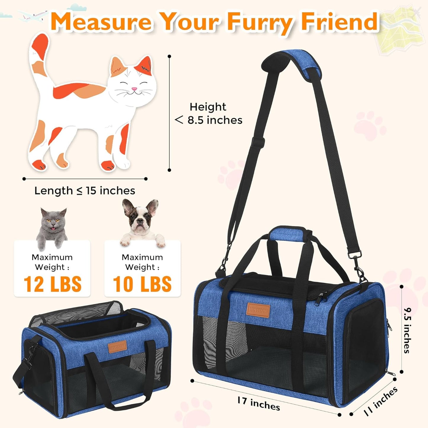 PETUX TSA Approved Pet Carrier in Cabin, 17"x11"x9.5" Soft Cat Carriers for Small Cat up to 12 lb and Puppy up to 10 lb, Top Open Portable Pet Carrier Airline Approved for Travel and Vet Visit (Blue)