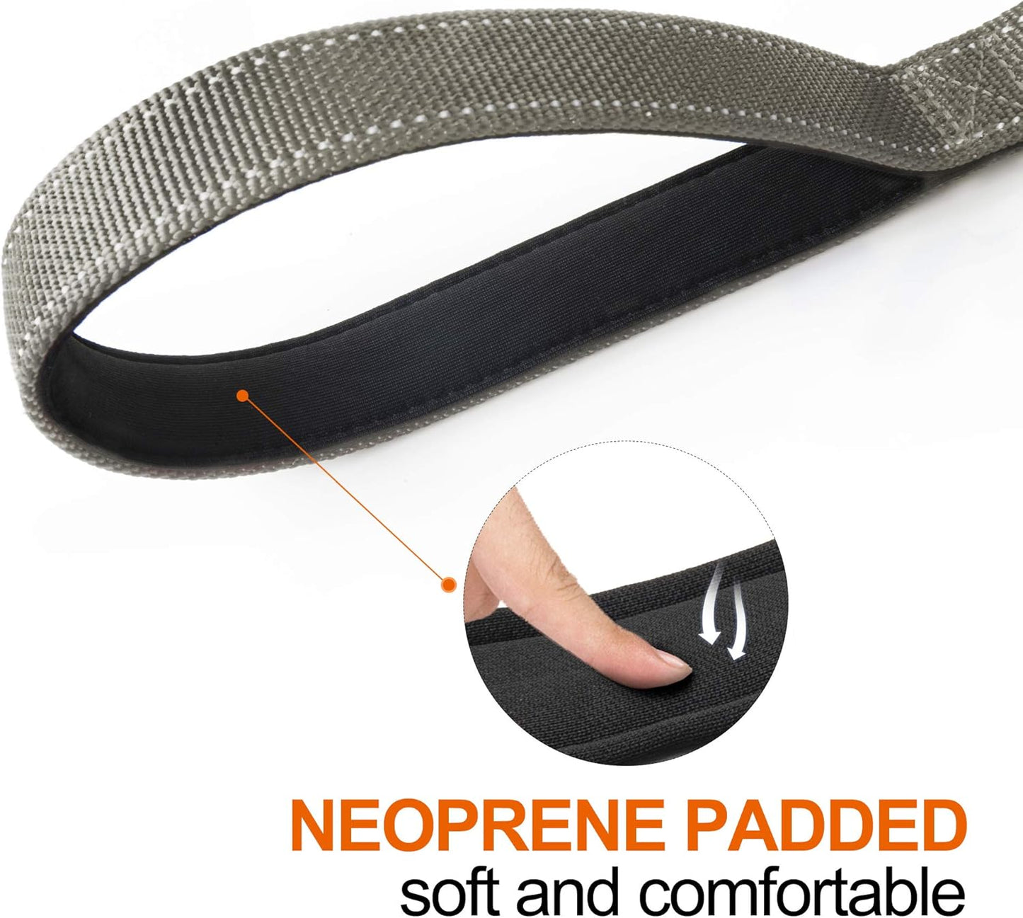 TwoEar 5FT 1IN Strong Gray Dog Leash with 2 Padded Handles, Traffic Handle Extra Control, Comfortable Soft Dual Handle, Auto Lock Hook, Reflective Walking Lead for Small Medium and Large Dogs