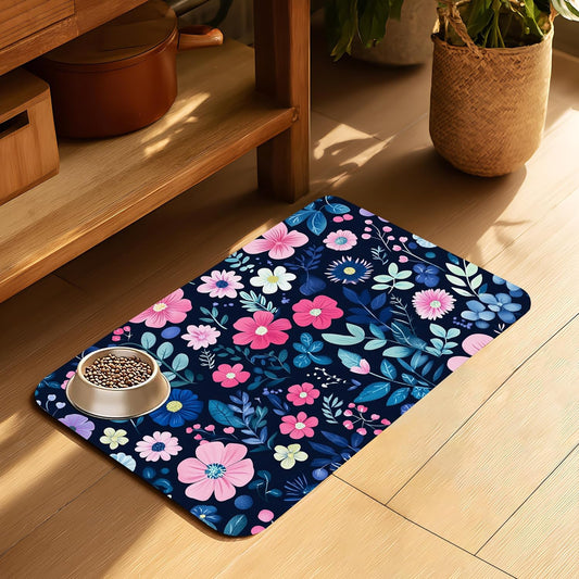 Groovy Wildflowers Pet Feeding Mat-Quick Dry Absorbent Dog Cat Food Mat, Anti-Slip Water Bowl Mats for Messy Eaters-No Stains Indoor Pet Accessories 12"x20"