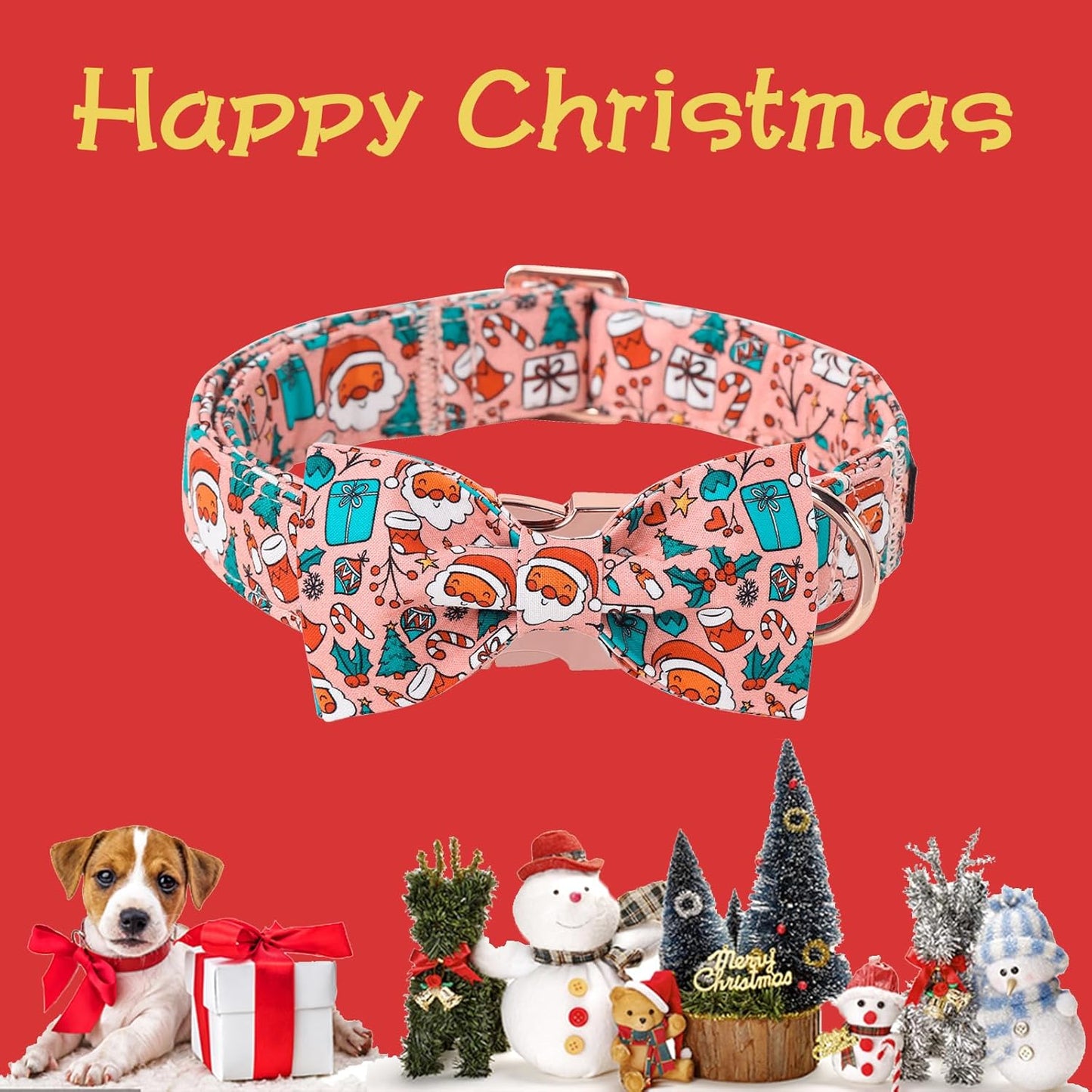 Unique Style Paws Christmas Day Dog Collar with Bow Pink Christmas Man Cotton Puppy Collars for Small Medium Large Dogs
