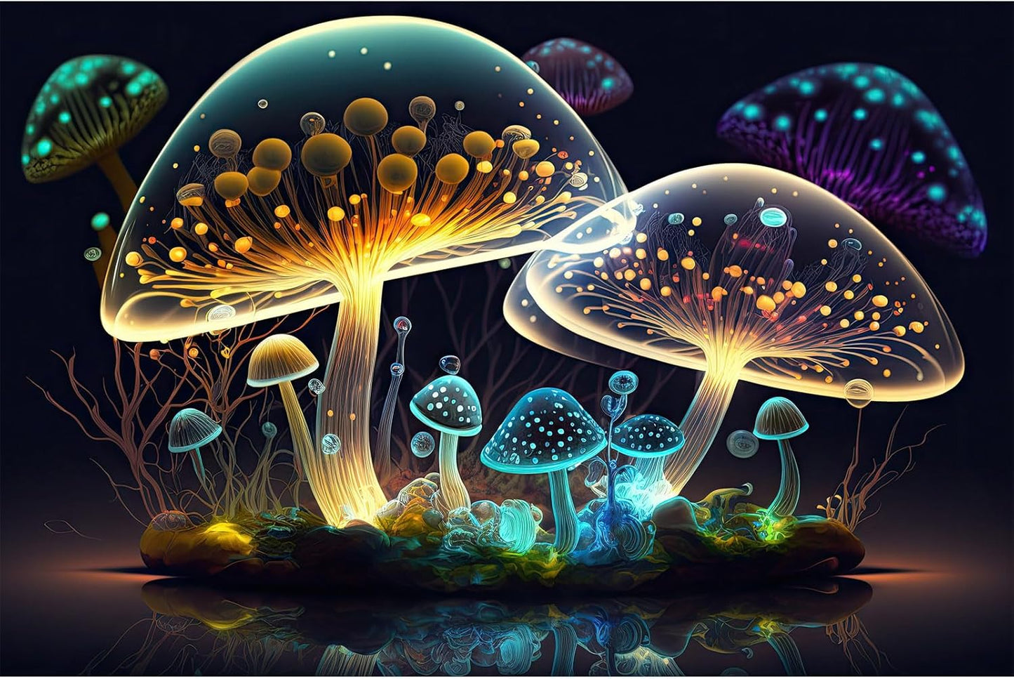 Mushroom Aquarium Background Abstract Glowing Fantasy Mushrooms Terrarium Background Mysterious Forest Magical Night In Circle Shape Crystal Glass Fish Tank Backdrop Decorations Vinyl 24x16in