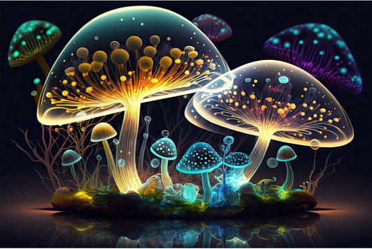 Mushroom Aquarium Background Abstract Glowing Fantasy Mushrooms Terrarium Background Mysterious Forest Magical Night In Circle Shape Crystal Glass Fish Tank Backdrop Decorations Vinyl 36x20in