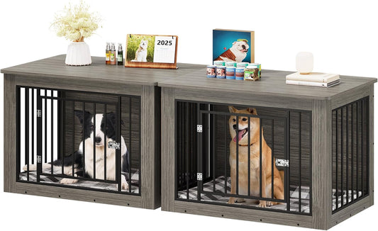 YITAHOME 76 Inch Double Dog Crate Furniture, XXL Dog Crate Furniture for 2 Dogs, Side End Table, Waterproof Top, Safety Corners, 2-in-1 Iron-Wood Fusion Dog Kennel Furniture for 2 Large Dogs,Greige