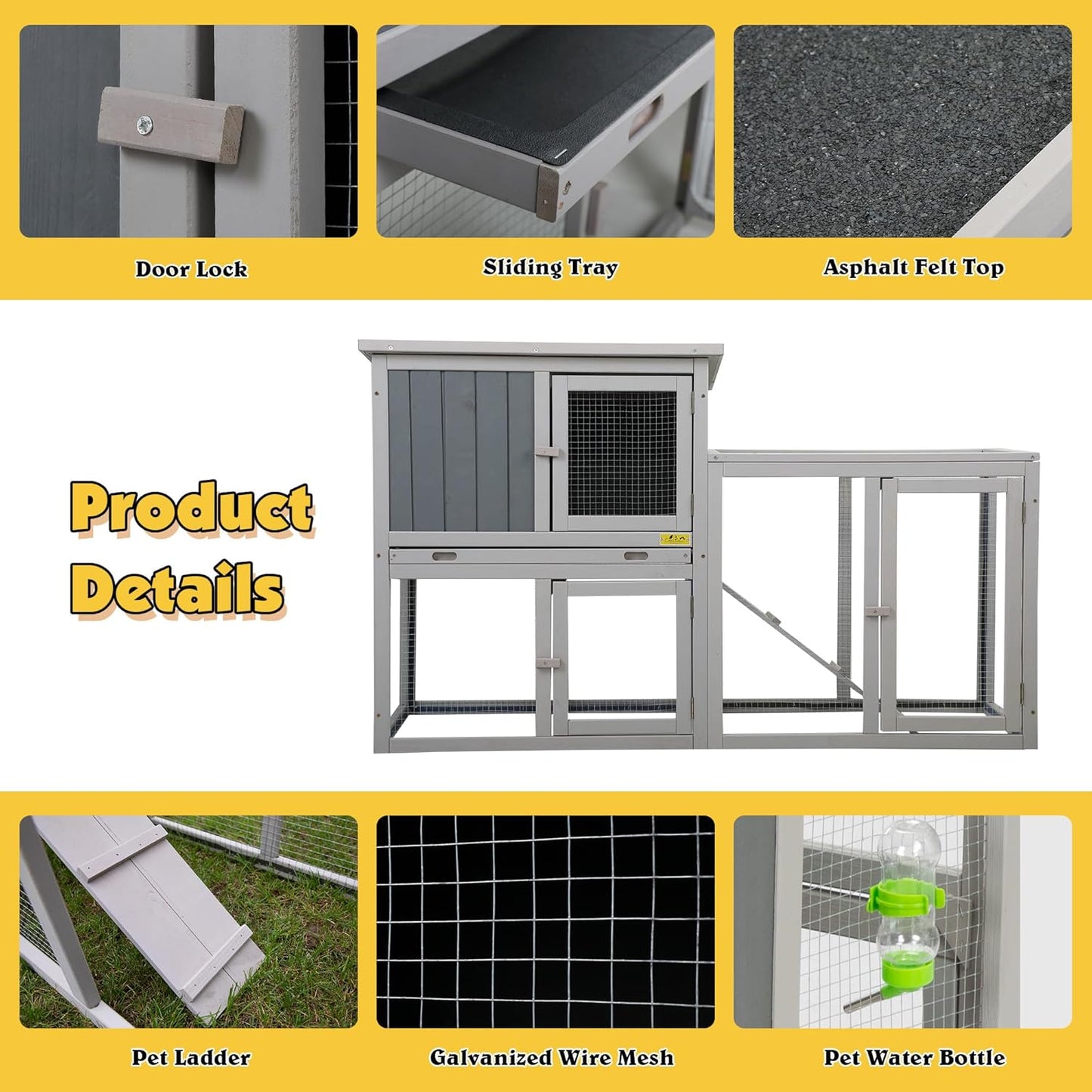 Assembled Wooden Indoor & Outdoor Rabbit Hutch, 2 Story Small Animal House Habitat, Durable Pet Bunny House Cage with Cleaning Tray, for Bunny Chick Duck Hamster (Grey)