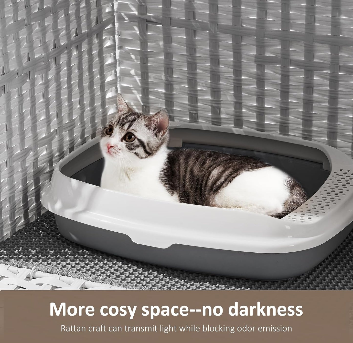 Cat Litter Box Enclosure with Soft Litter Mat; Hidden Cat Washroom Furniture with Door; Handwoven Rattan Cat House with Large Space; Pet Crate for Living Room, Bedroom, Balcony (White)