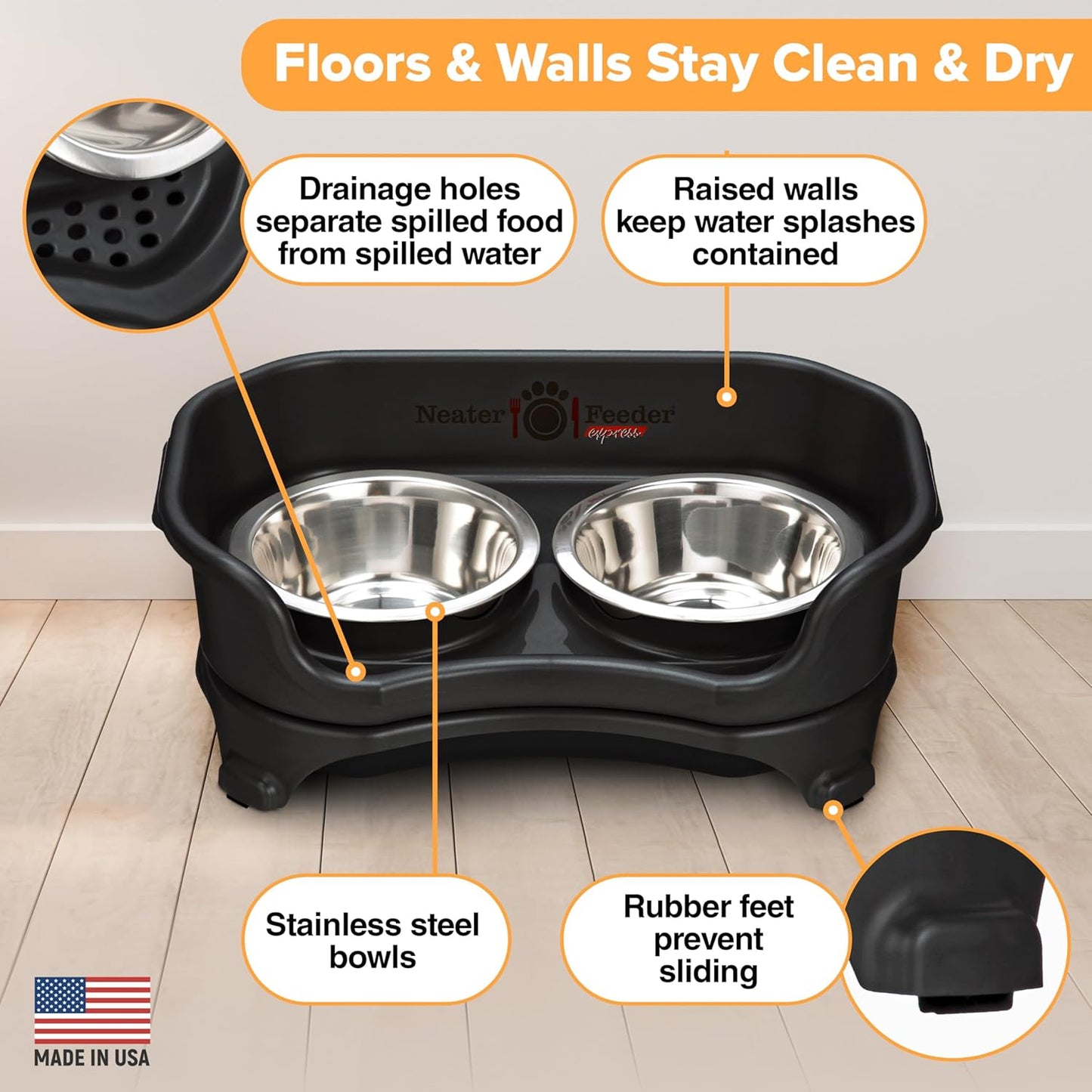 Neater Feeder Express Mess Proof Cat Bowls Elevated, No Spill Feeding Station, Stainless Steel Dishes for Food and Water, Raised Bowls for Indoor Cats, No Fatigue Whisker Friendly Dish, Black