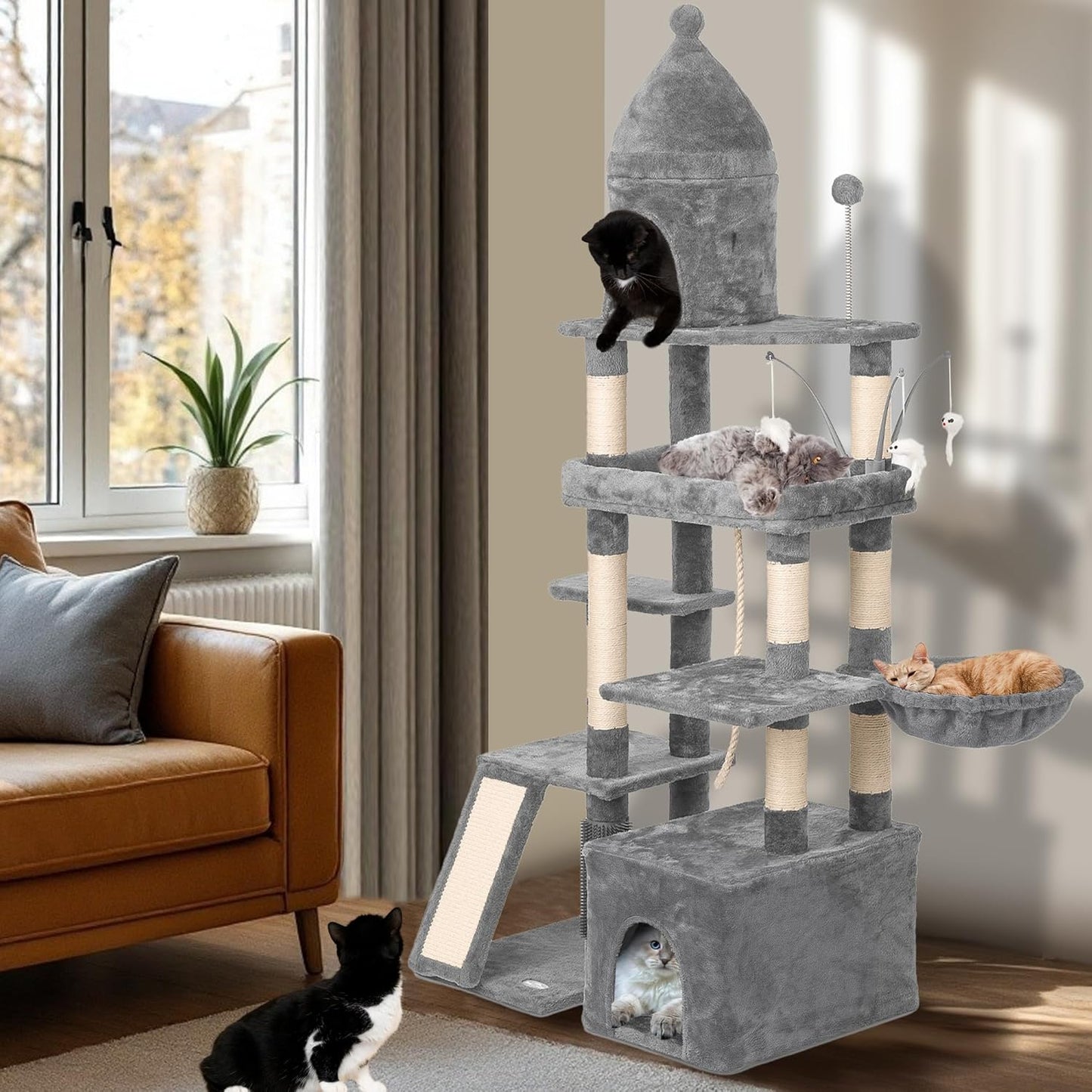 Large Cat Tree Tower for Large Cats, Cat Scratching Post, Self Grooming Post, Interactive Cat Toys, Oversized Perch and Basket, Heavy Duty 72", Light Grey