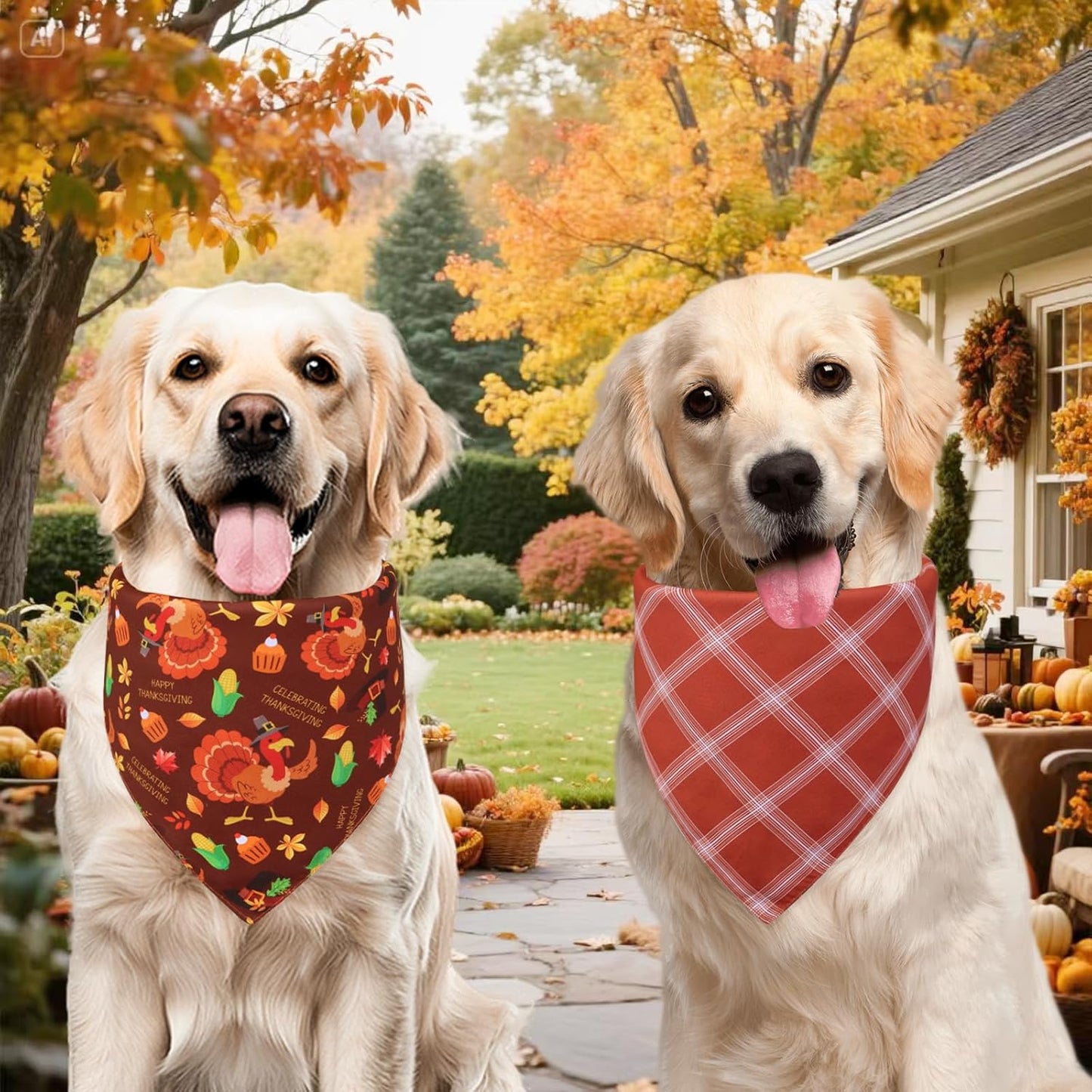 Thanksgiving Dog Bandanas Large 3PCS, 6 Pattern Fall Scarf for Boy and Girl, Pumpkin Leaves Rugby Triangle Reversible Bibs Breed for Puppy Pets