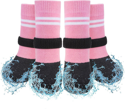 SCENEREAL Anti Slip Dog Boots & Paw Protectors for Hardwood Floor, Extended Dog Socks to Prevent Licking Paws, Waterproof Pet Snow Rain Shoe for Winter Small Puppy Senior Dogs, Pink S