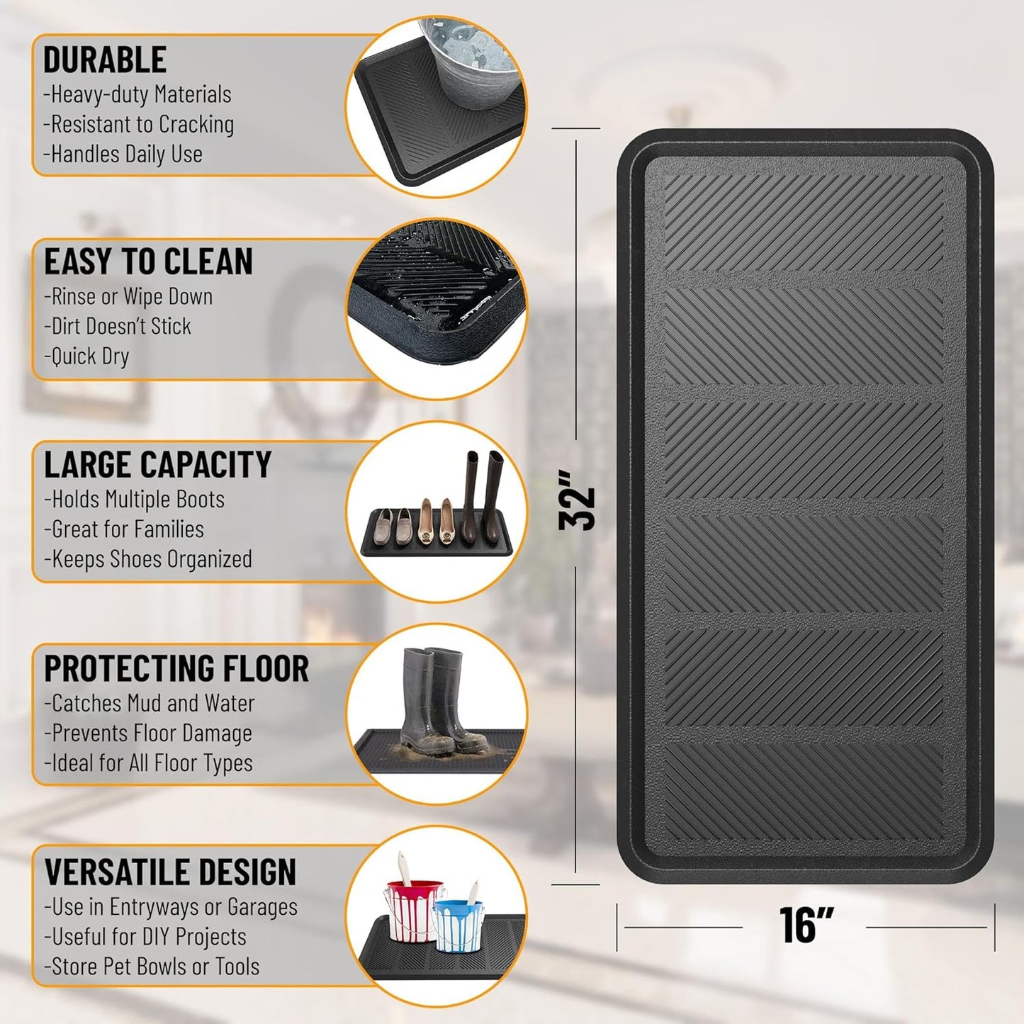 Indoor/Outdoor Hose-Wash Lines Design Non-Slip Rubber 16" x 32" Modern Entryway Mat for Entryway, Patio, Backyard, Garage, 16" x 32", Black