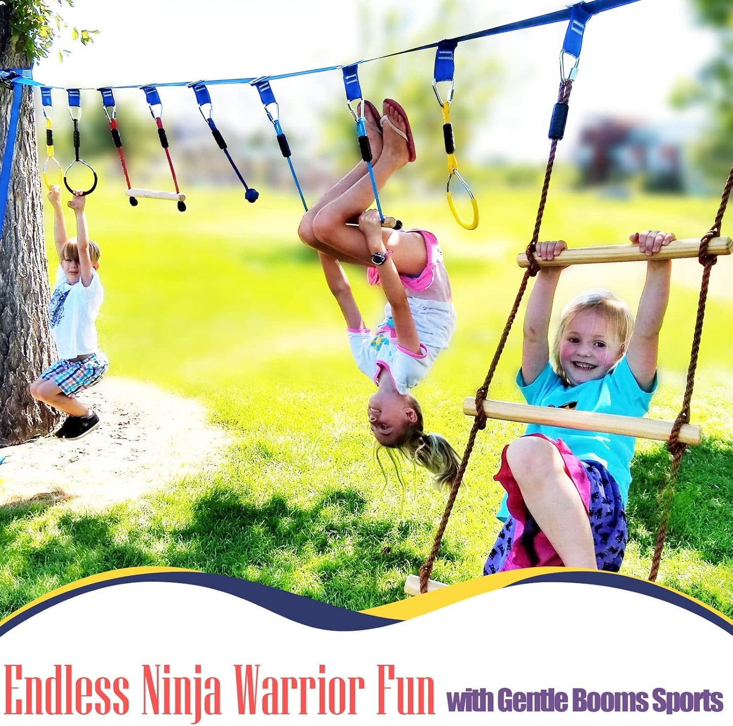 2×56ft Ninja Warrior Obstacle Course for Kids - 600 lbs Weight Capacity, Slackline Obstacle Course with 8 Ninja Accessories - Monkey Bar, Rope Ladder, Gymnastic Ring, Arm Trainer and Monkey Fist