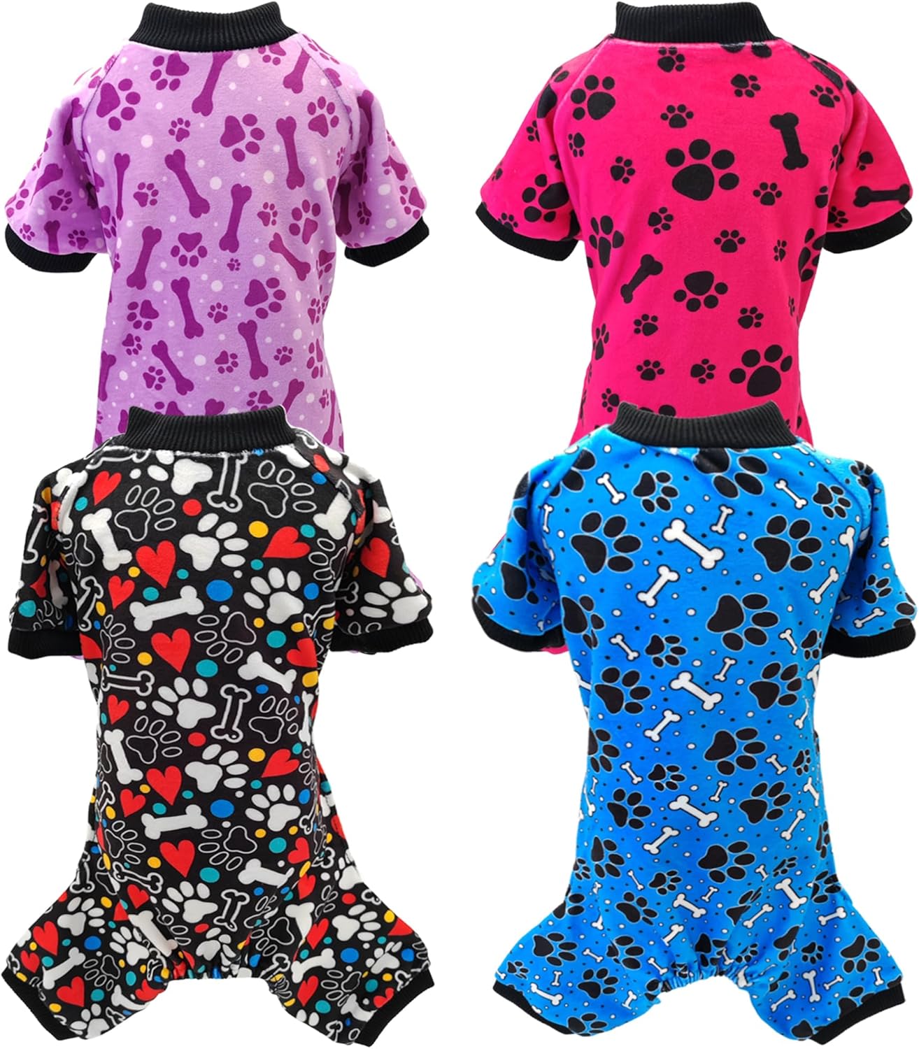 PET SHOW 4 Pack Small Dog Pajamas Paw Bone Patterns Cute Clothes for Medium Dogs Soft Fleece Stretchy PJs 4 Legged Jumpsuit Puppy Cats Onesies Outfits with Sleeve Dachshund Doggies Girl Boy (X-Large)
