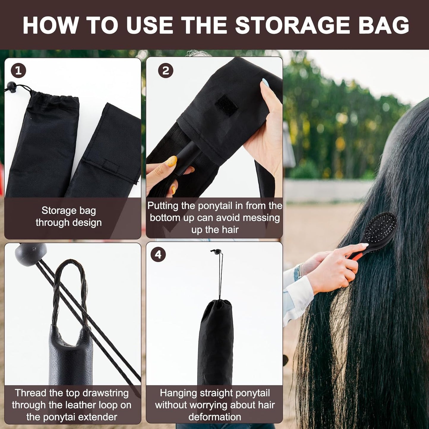 Zeyune 3 Pcs Horse Tail Extensions Set with Braided Horsehair Loop Include Ponytail Comb and Storage Bag, Natural Black for Equestrian Competitions, Horse Shows, Daily Grooming(34-36inch,1 lb)